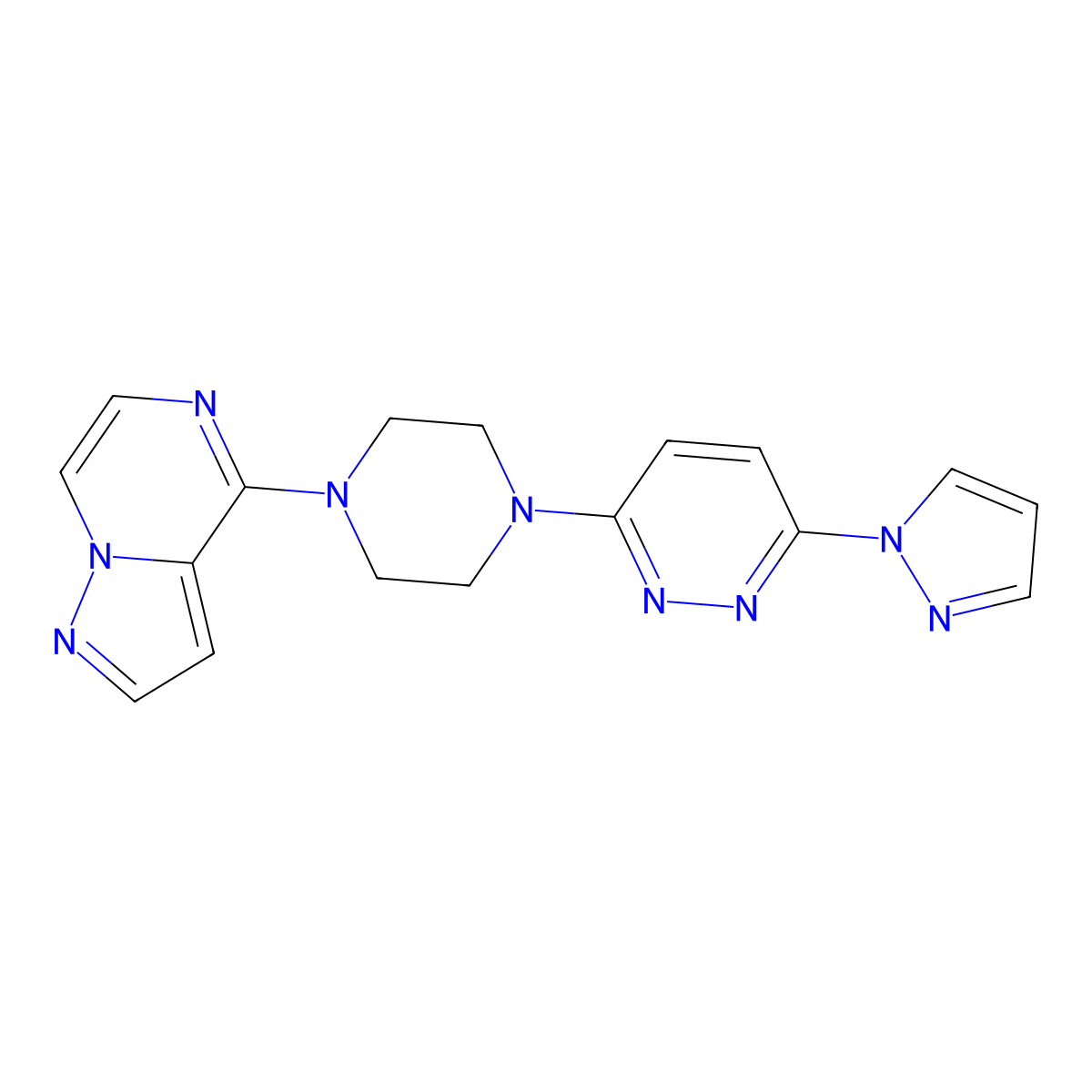 3-(1H-pyrazol-1-yl)-6-(4-{pyrazolo[1,5-a]pyrazin-4-yl}piperazin-1-yl)pyridazine molecular structure, CAS 2640835-09-0