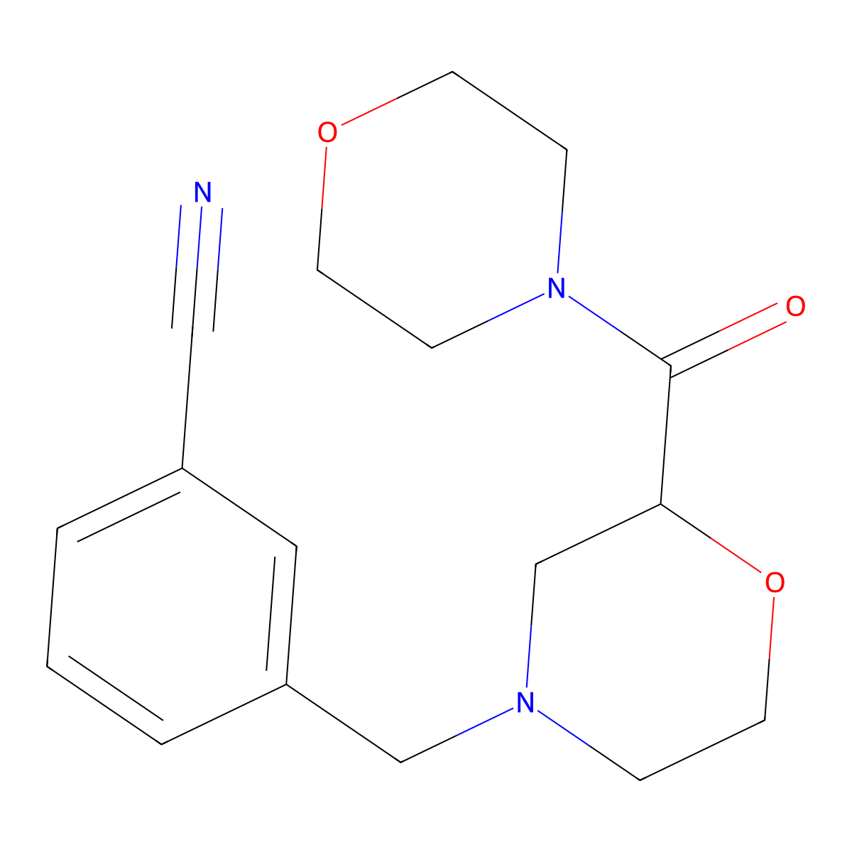 3-{[2-(Morpholine-4-carbonyl)morpholin-4-yl]methyl}benzonitrile molecular structure, CAS 2640835-10-3