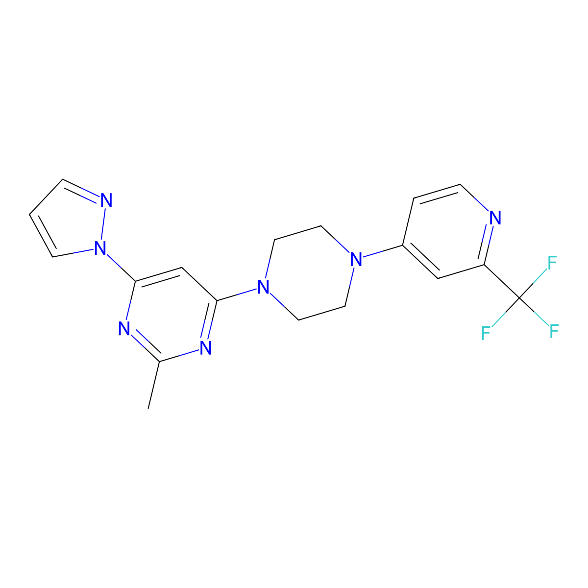 2-methyl-4-(1H-pyrazol-1-yl)-6-{4-[2-(trifluoromethyl)pyridin-4-yl]piperazin-1-yl}pyrimidine molecular structure, CAS 2640835-14-7