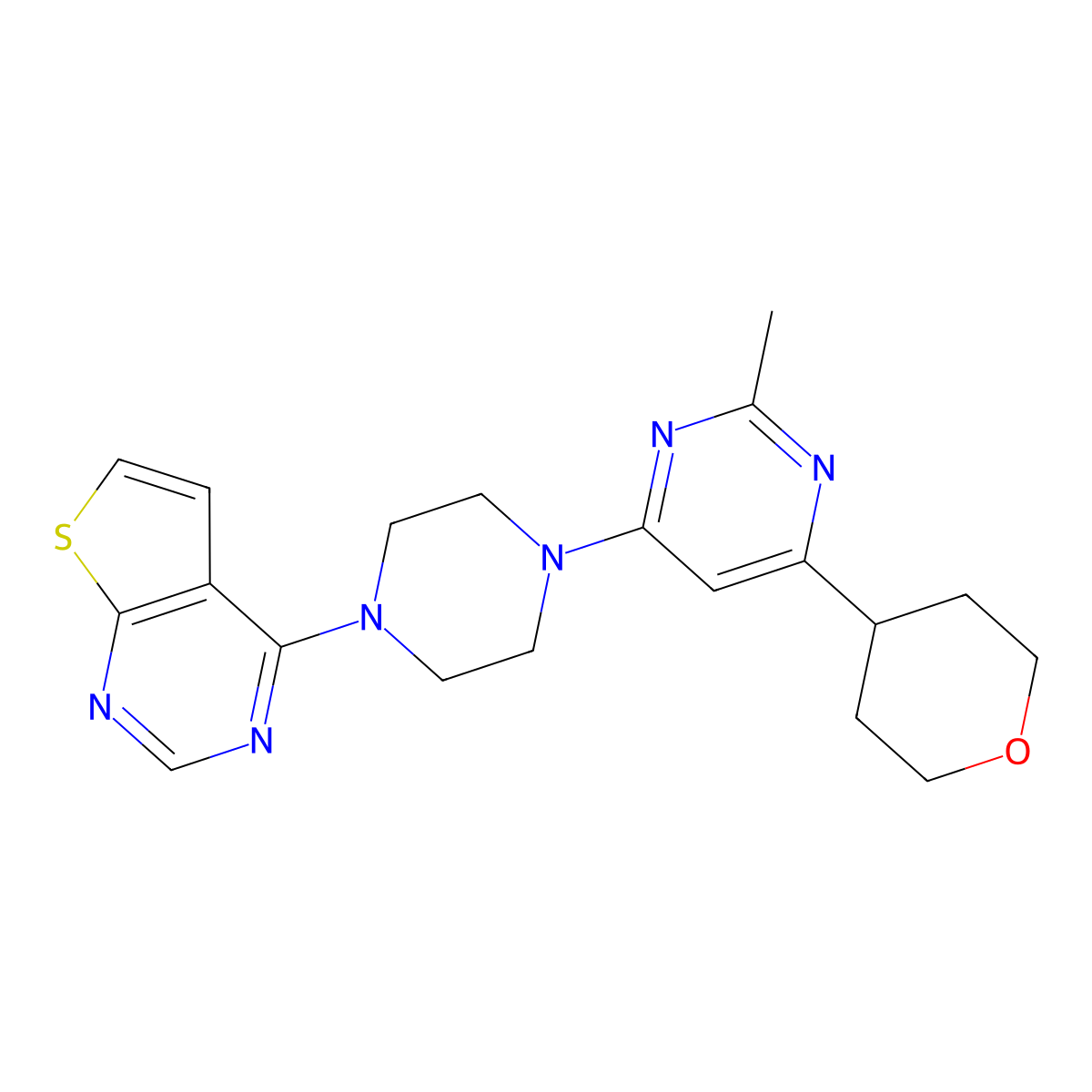 2-Methyl-4-(oxan-4-yl)-6-(4-{thieno[2,3-d]pyrimidin-4-yl}piperazin-1-yl)pyrimidine molecular structure, CAS 2640835-17-0
