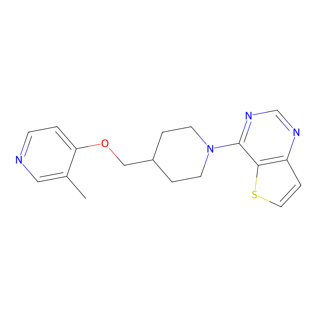 3-Methyl-4-[(1-{thieno[3,2-d]pyrimidin-4-yl}piperidin-4-yl)methoxy]pyridine molecular structure, CAS 2640835-19-2