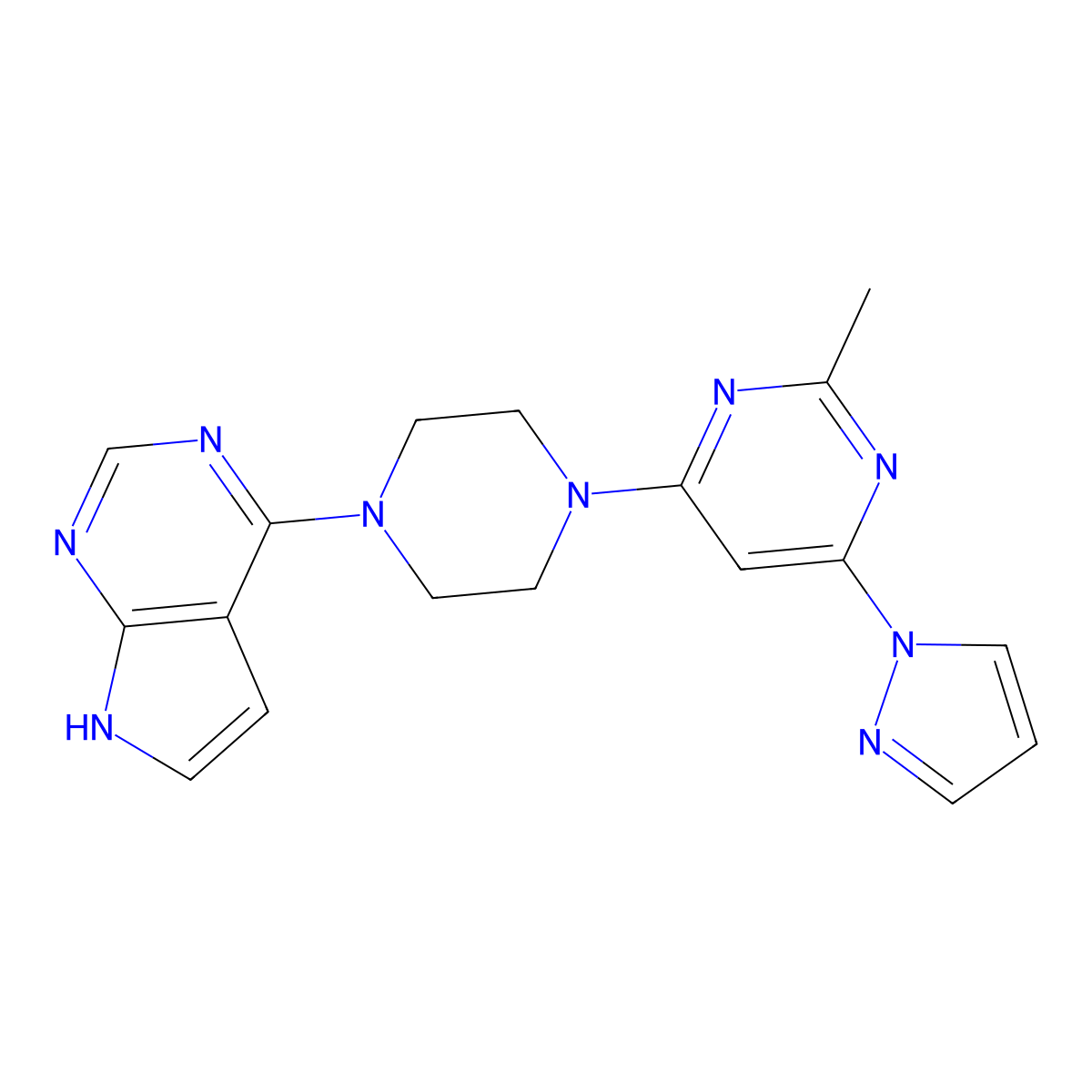 2-methyl-4-(1H-pyrazol-1-yl)-6-(4-{7H-pyrrolo[2,3-d]pyrimidin-4-yl}piperazin-1-yl)pyrimidine molecular structure, CAS 2640835-29-4