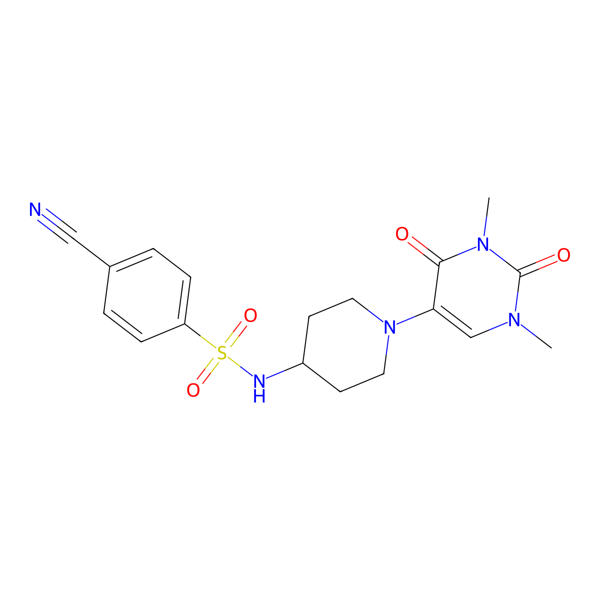 4-cyano-N-[1-(1,3-dimethyl-2,4-dioxo-1,2,3,4-tetrahydropyrimidin-5-yl)piperidin-4-yl]benzene-1-sulfonamide molecular structure, CAS 2640835-33-0