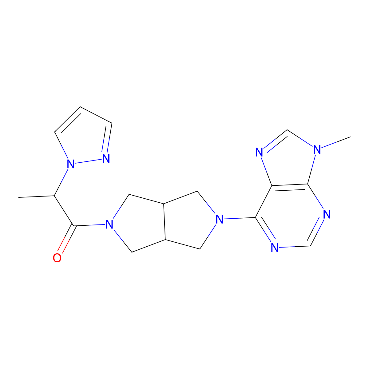 1-[5-(9-methyl-9H-purin-6-yl)-octahydropyrrolo[3,4-c]pyrrol-2-yl]-2-(1H-pyrazol-1-yl)propan-1-one molecular structure, CAS 2640835-40-9
