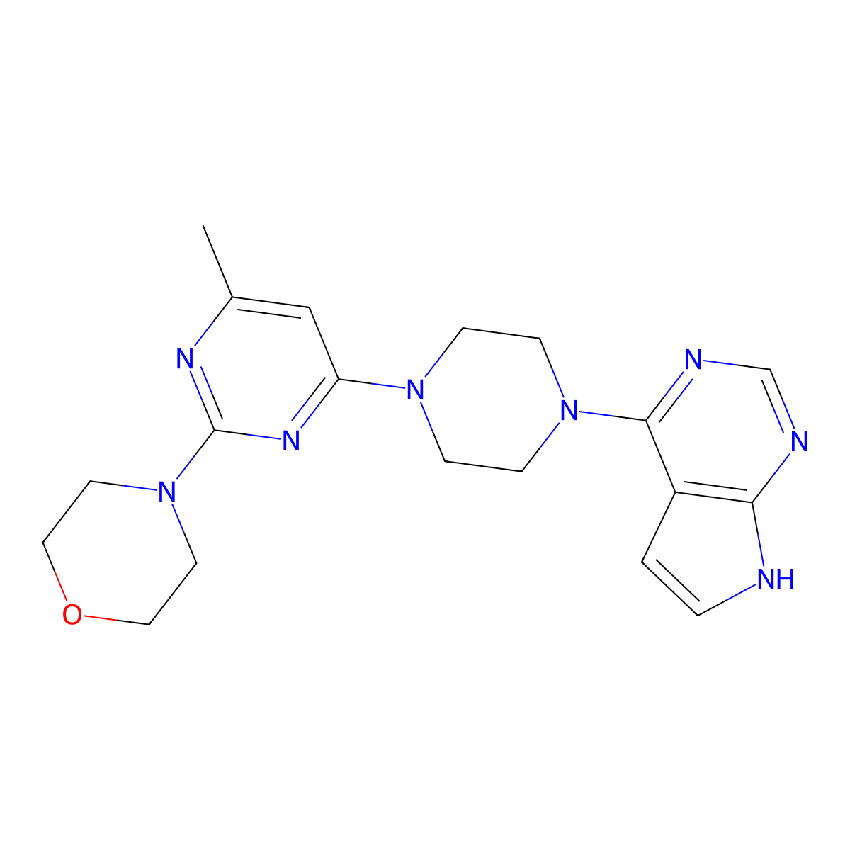 4-[4-methyl-6-(4-{7H-pyrrolo[2,3-d]pyrimidin-4-yl}piperazin-1-yl)pyrimidin-2-yl]morpholine molecular structure, CAS 2640835-41-0