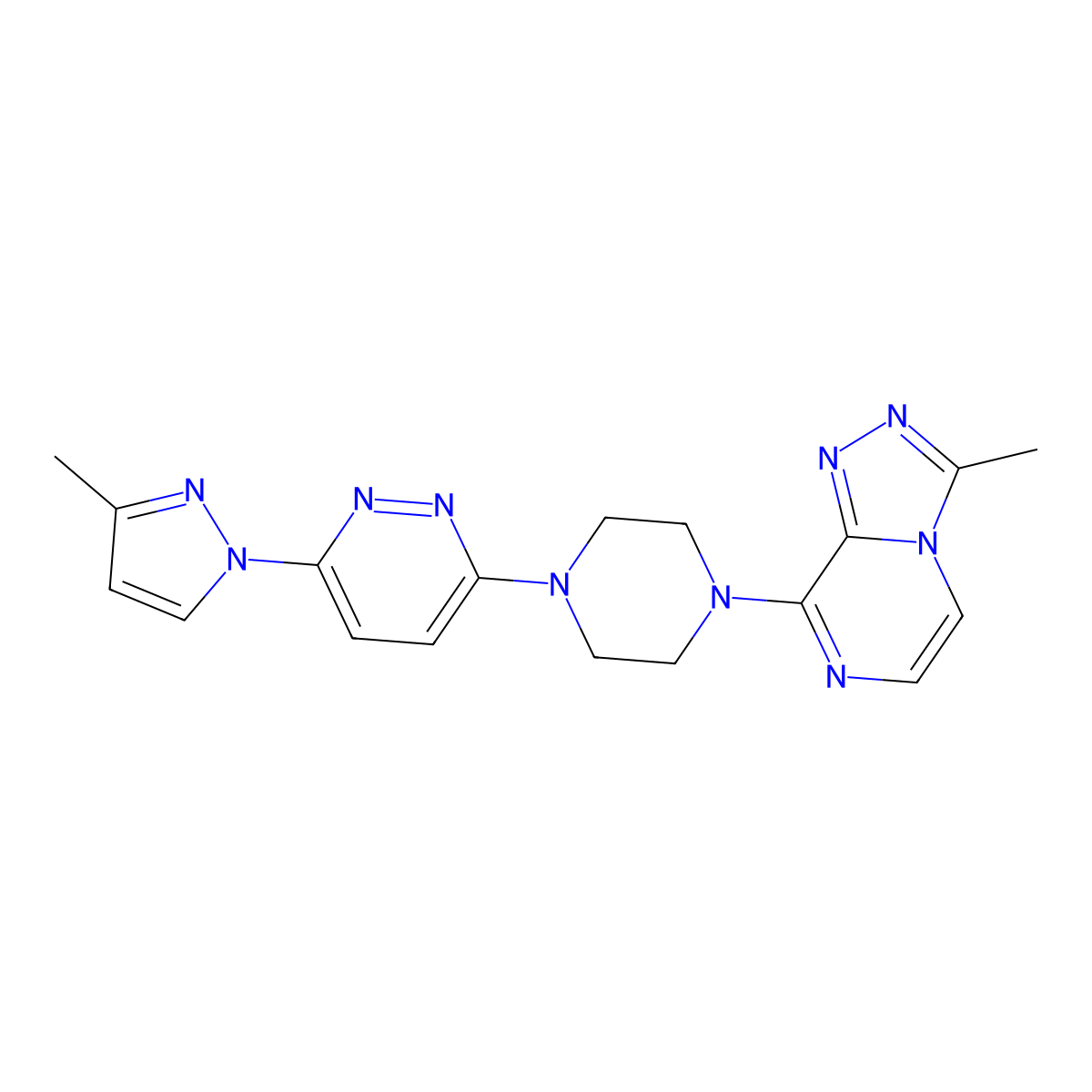 3-(3-methyl-1H-pyrazol-1-yl)-6-(4-{3-methyl-[1,2,4]triazolo[4,3-a]pyrazin-8-yl}piperazin-1-yl)pyridazine molecular structure, CAS 2640835-42-1