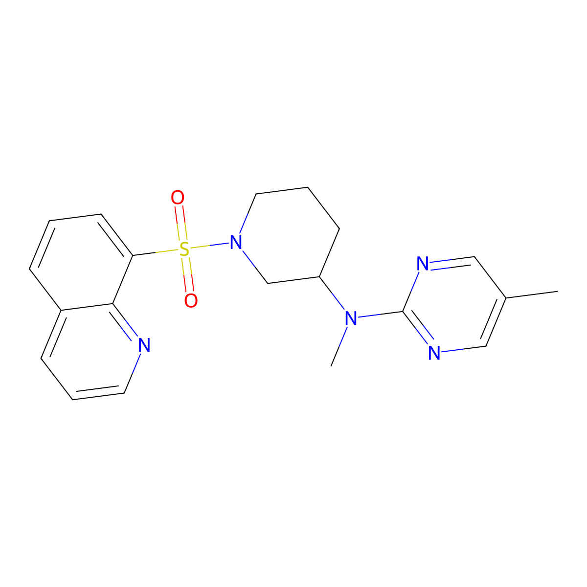 N,5-dimethyl-N-[1-(quinoline-8-sulfonyl)piperidin-3-yl]pyrimidin-2-amine molecular structure, CAS 2640835-44-3