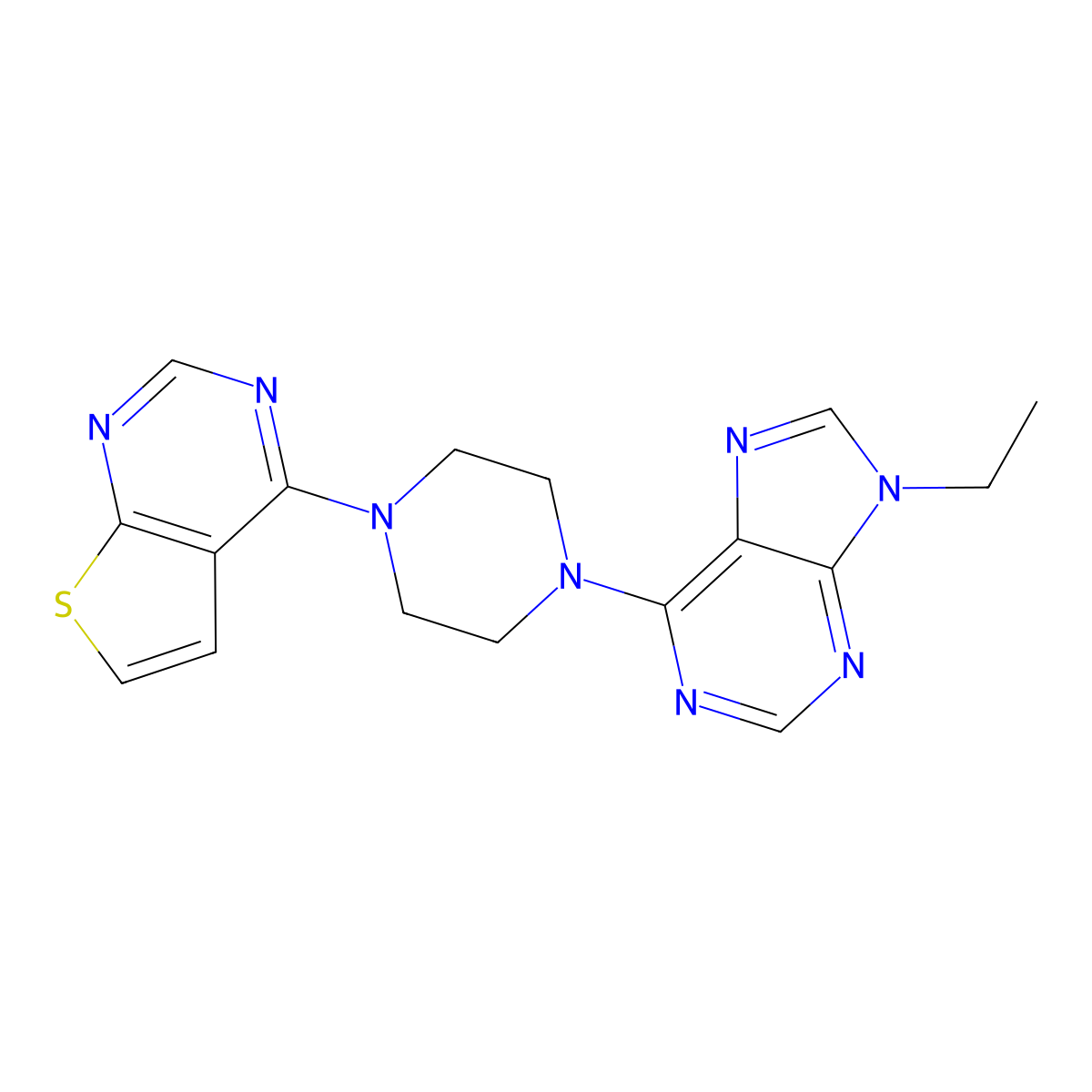 9-ethyl-6-(4-{thieno[2,3-d]pyrimidin-4-yl}piperazin-1-yl)-9H-purine molecular structure, CAS 2640835-45-4
