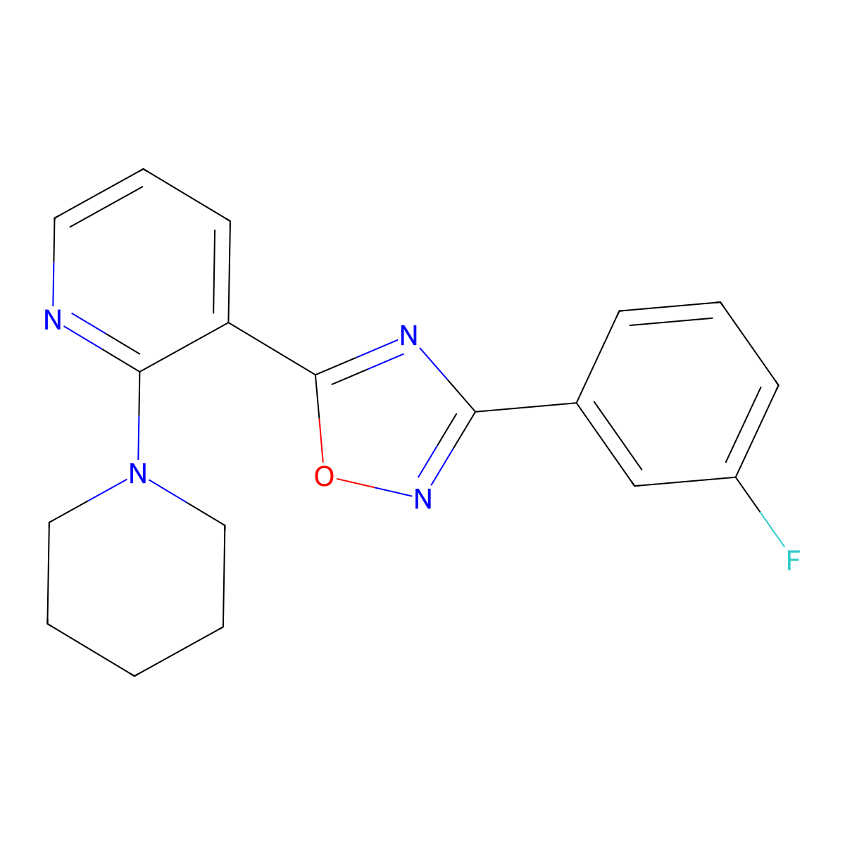 3-[3-(3-Fluorophenyl)-1,2,4-oxadiazol-5-yl]-2-(piperidin-1-yl)pyridine molecular structure, CAS 2640835-46-5