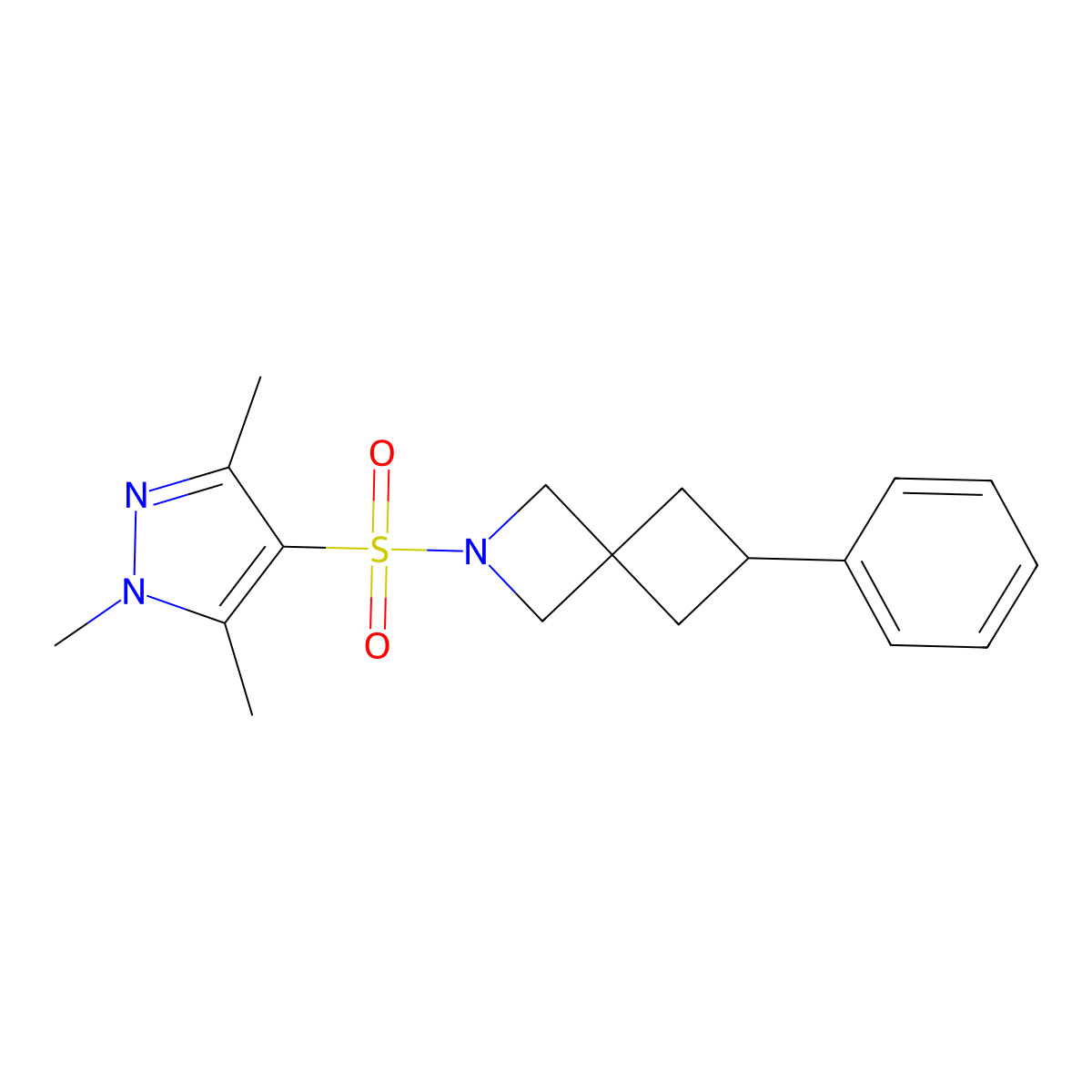 6-phenyl-2-[(1,3,5-trimethyl-1H-pyrazol-4-yl)sulfonyl]-2-azaspiro[3.3]heptane molecular structure, CAS 2640835-49-8