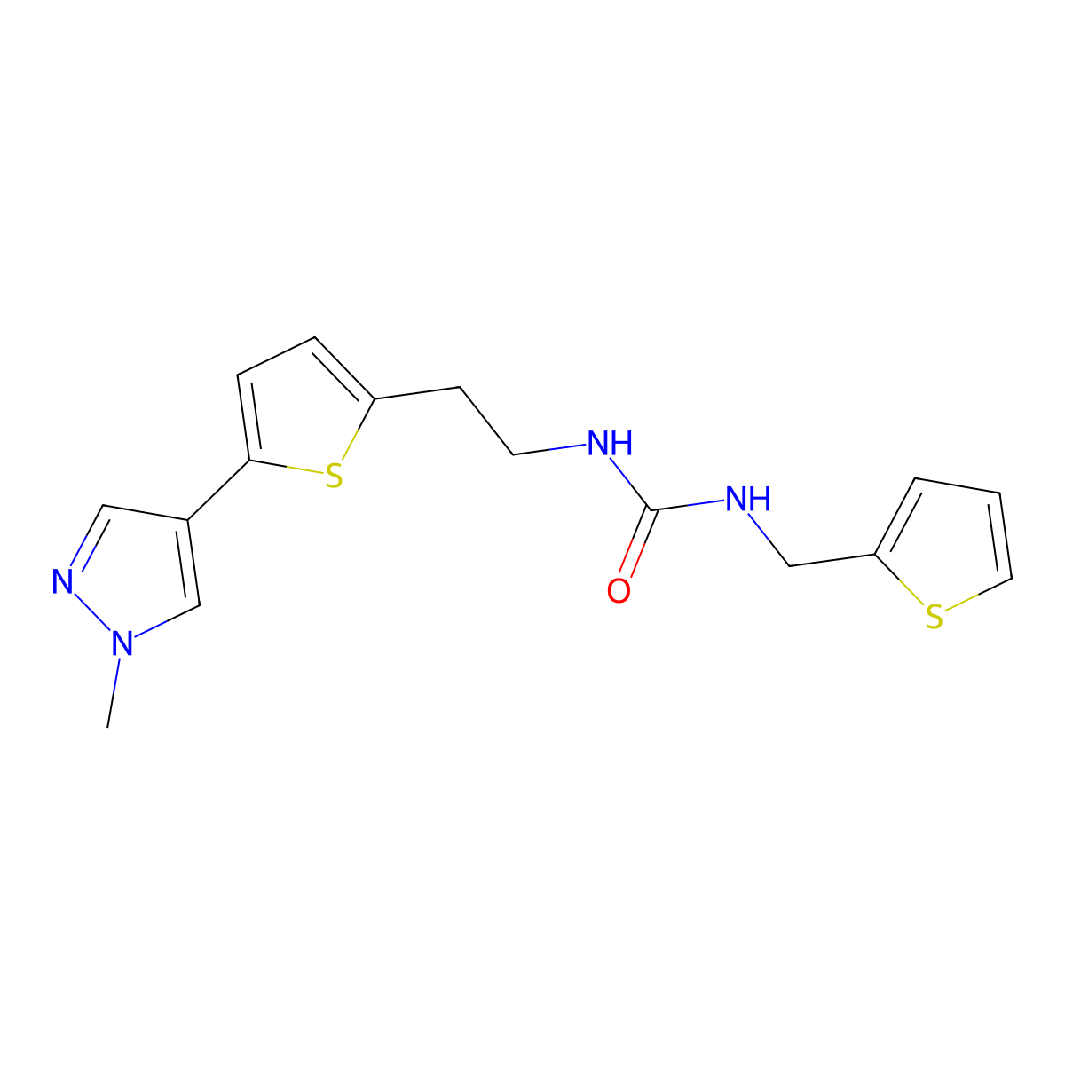 3-{2-[5-(1-methyl-1H-pyrazol-4-yl)thiophen-2-yl]ethyl}-1-[(thiophen-2-yl)methyl]urea molecular structure, CAS 2640835-53-4