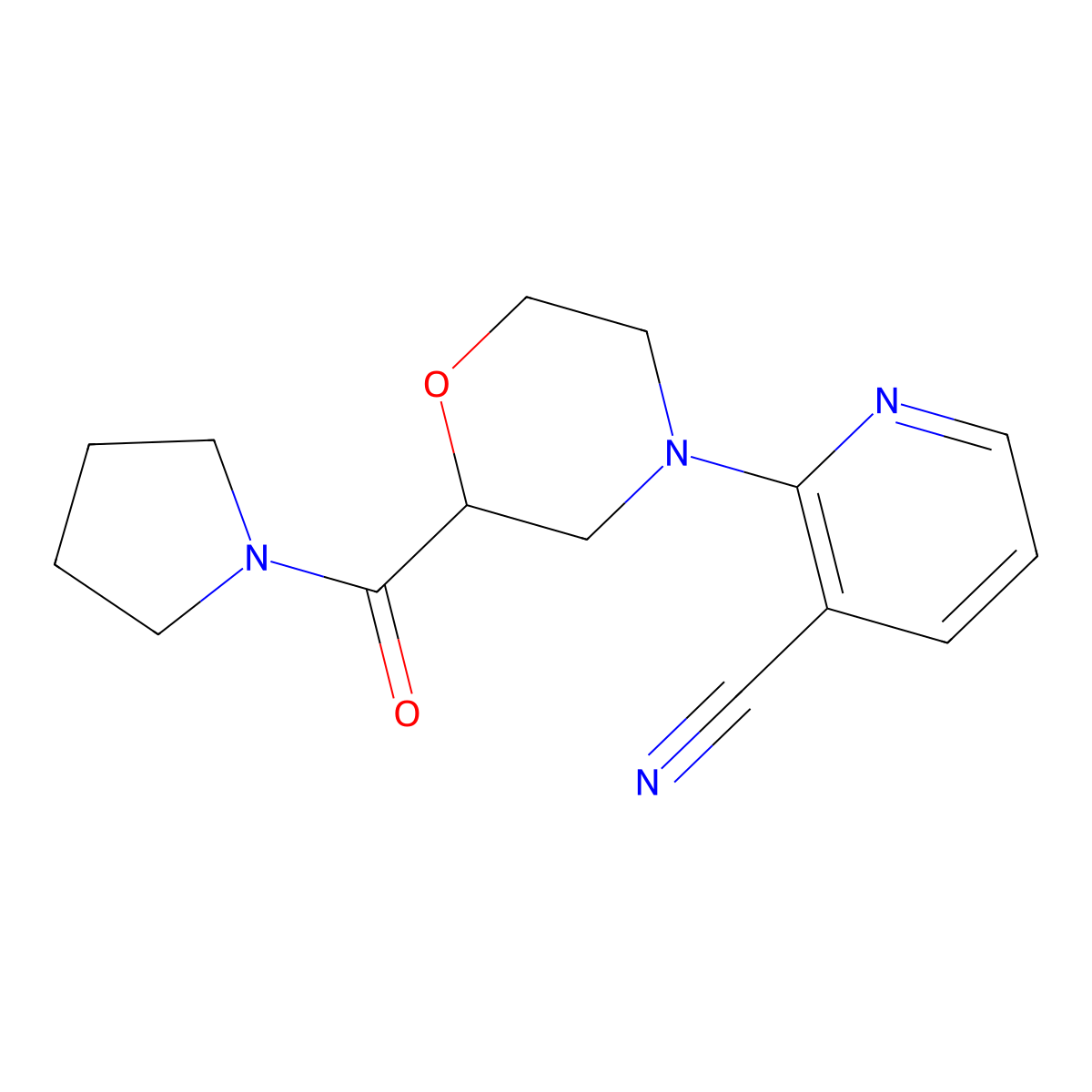 2-[2-(Pyrrolidine-1-carbonyl)morpholin-4-yl]pyridine-3-carbonitrile molecular structure, CAS 2640835-54-5