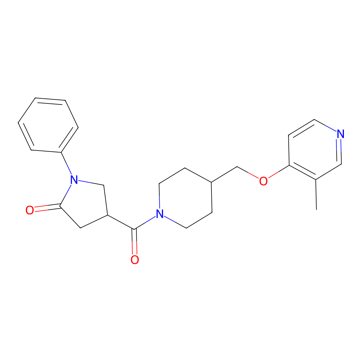 4-(4-{[(3-Methylpyridin-4-yl)oxy]methyl}piperidine-1-carbonyl)-1-phenylpyrrolidin-2-one molecular structure, CAS 2640835-55-6