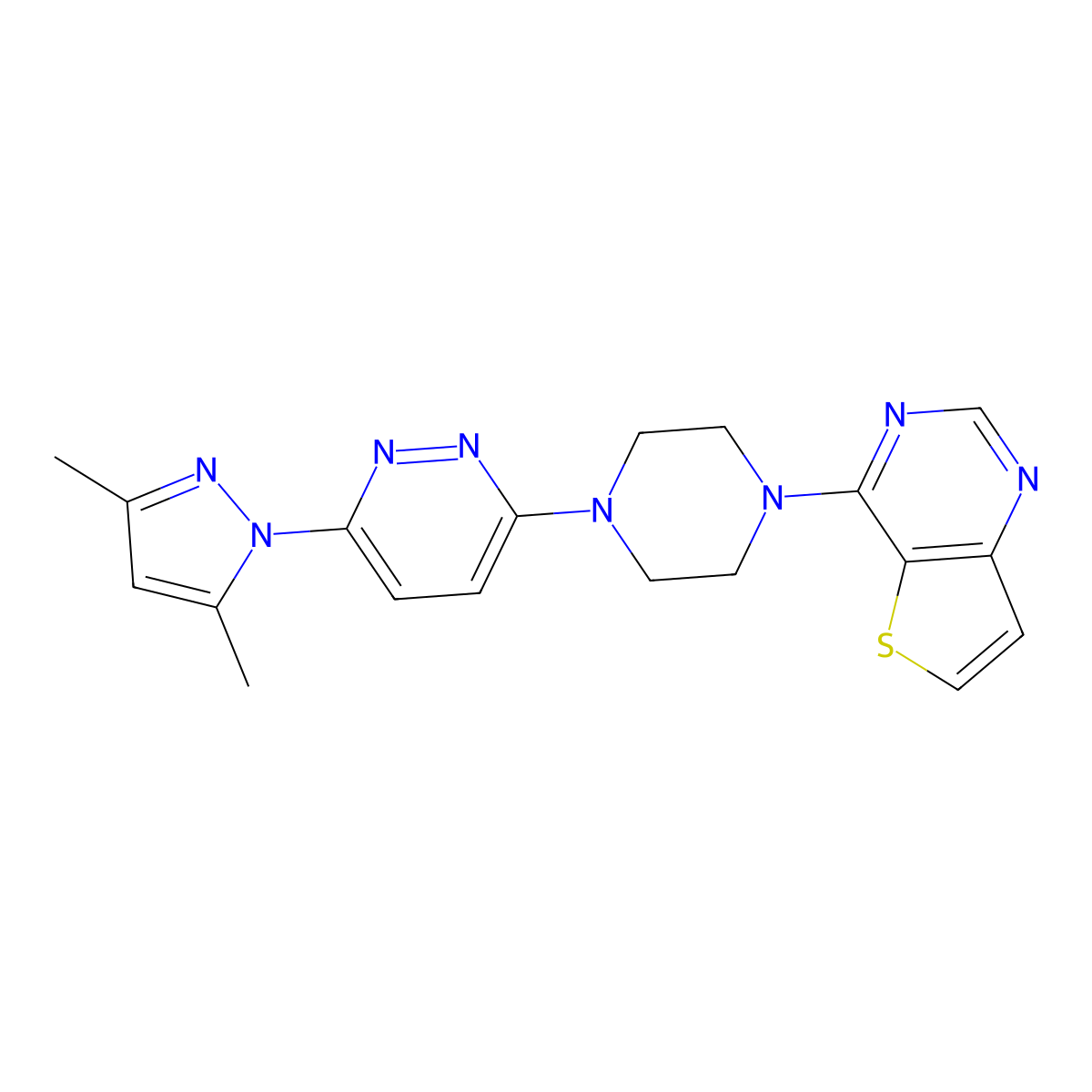 3-(3,5-dimethyl-1H-pyrazol-1-yl)-6-(4-{thieno[3,2-d]pyrimidin-4-yl}piperazin-1-yl)pyridazine molecular structure, CAS 2640835-58-9