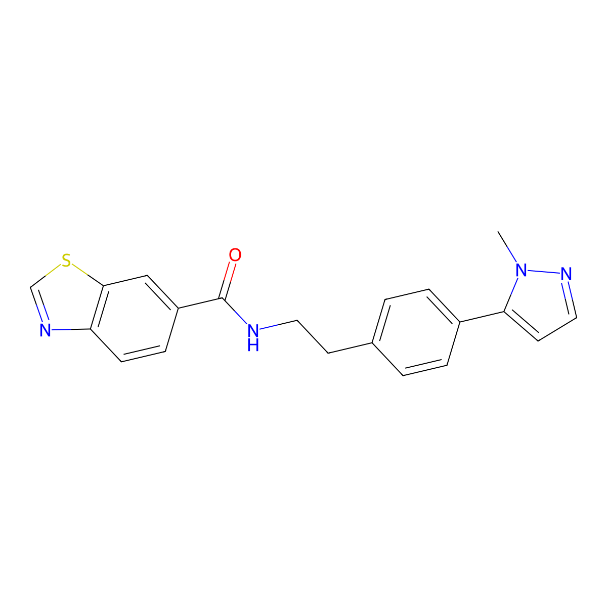 N-{2-[4-(1-methyl-1H-pyrazol-5-yl)phenyl]ethyl}-1,3-benzothiazole-6-carboxamide molecular structure, CAS 2640835-68-1
