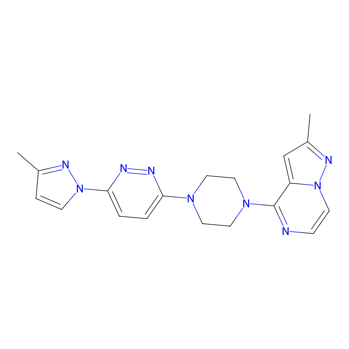 3-(3-methyl-1H-pyrazol-1-yl)-6-(4-{2-methylpyrazolo[1,5-a]pyrazin-4-yl}piperazin-1-yl)pyridazine molecular structure, CAS 2640835-71-6