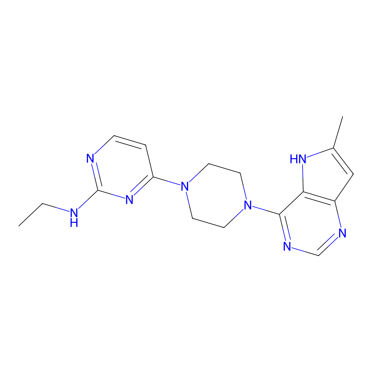 N-ethyl-4-(4-{6-methyl-5H-pyrrolo[3,2-d]pyrimidin-4-yl}piperazin-1-yl)pyrimidin-2-amine molecular structure, CAS 2640835-76-1