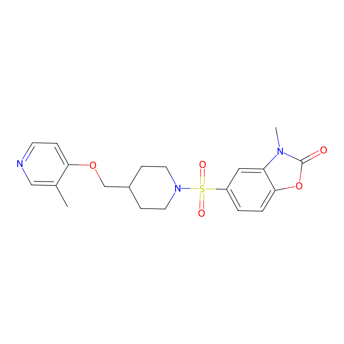 3-Methyl-5-[(4-{[(3-methylpyridin-4-yl)oxy]methyl}piperidin-1-yl)sulfonyl]-2,3-dihydro-1,3-benzoxazol-2-one molecular structure, CAS 2640835-77-2