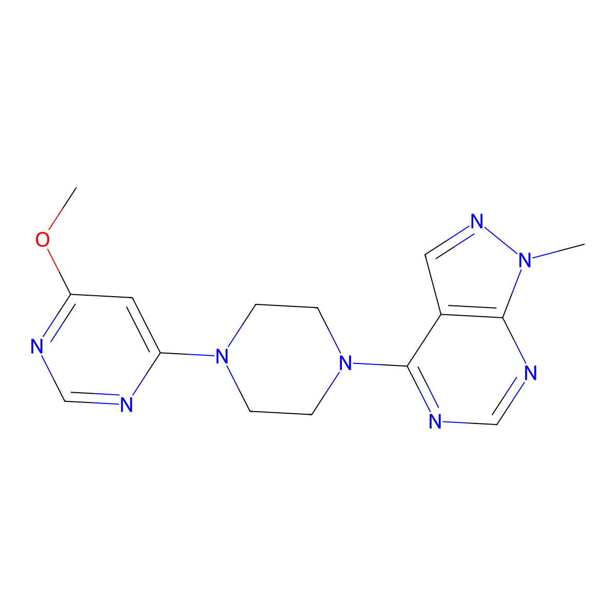 4-methoxy-6-(4-{1-methyl-1H-pyrazolo[3,4-d]pyrimidin-4-yl}piperazin-1-yl)pyrimidine molecular structure, CAS 2640835-79-4