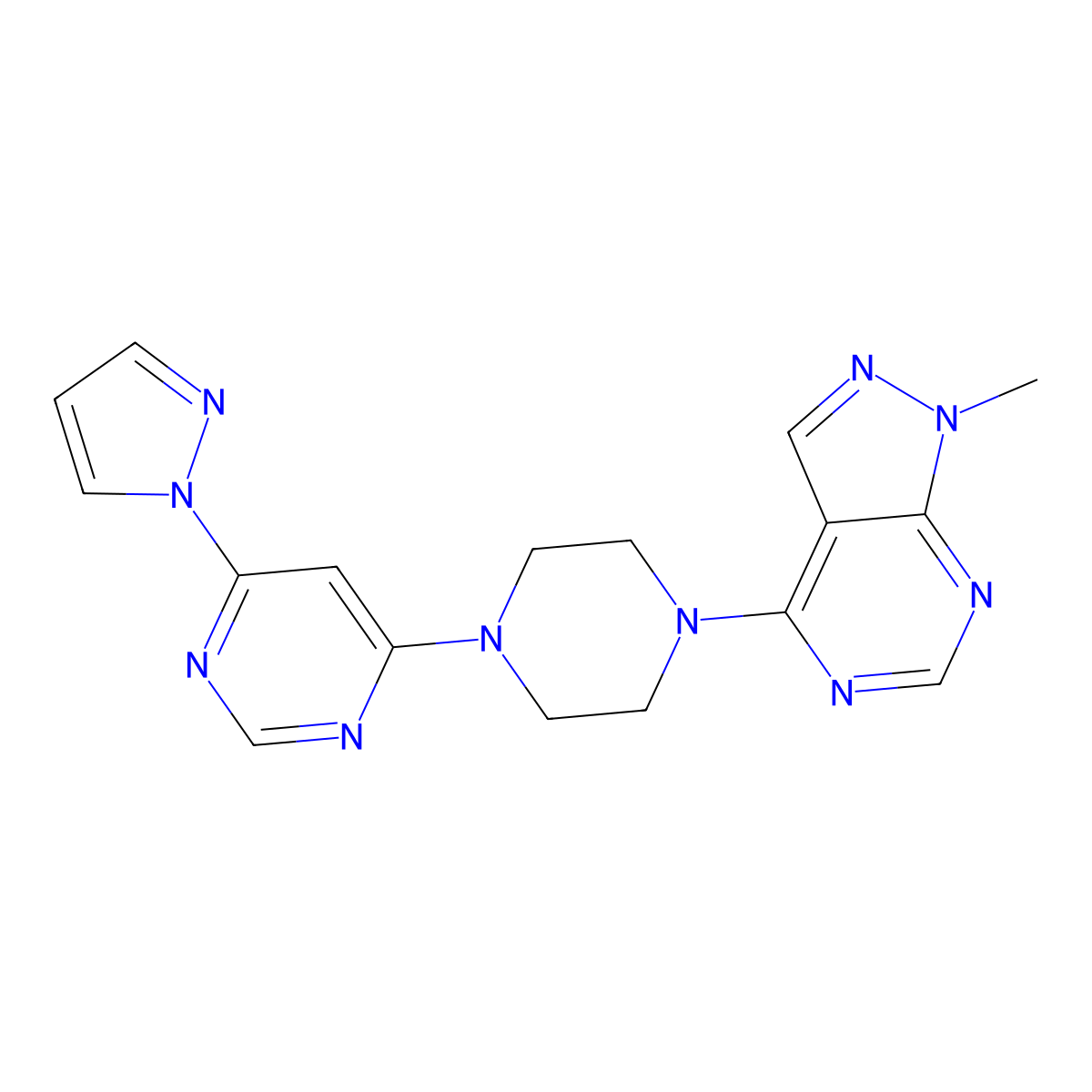 4-(4-{1-methyl-1H-pyrazolo[3,4-d]pyrimidin-4-yl}piperazin-1-yl)-6-(1H-pyrazol-1-yl)pyrimidine molecular structure, CAS 2640835-81-8