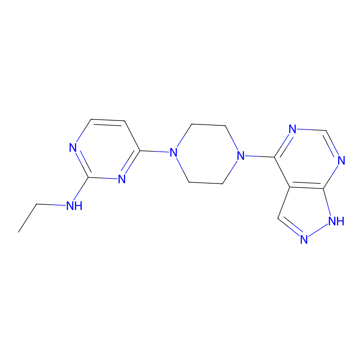 N-ethyl-4-(4-{1H-pyrazolo[3,4-d]pyrimidin-4-yl}piperazin-1-yl)pyrimidin-2-amine molecular structure, CAS 2640835-87-4