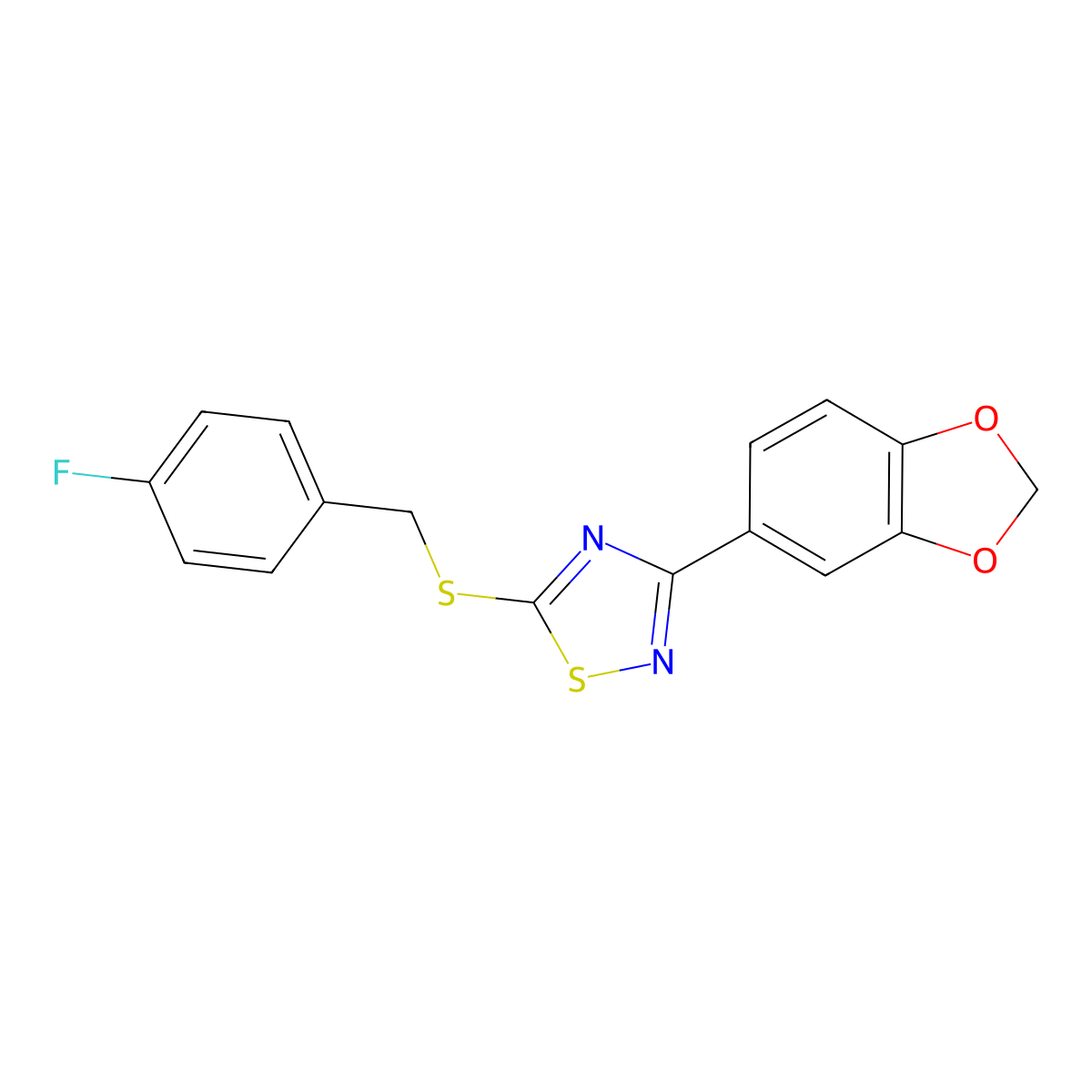 3-(2H-1,3-benzodioxol-5-yl)-5-{[(4-fluorophenyl)methyl]sulfanyl}-1,2,4-thiadiazole molecular structure, CAS 2640835-88-5