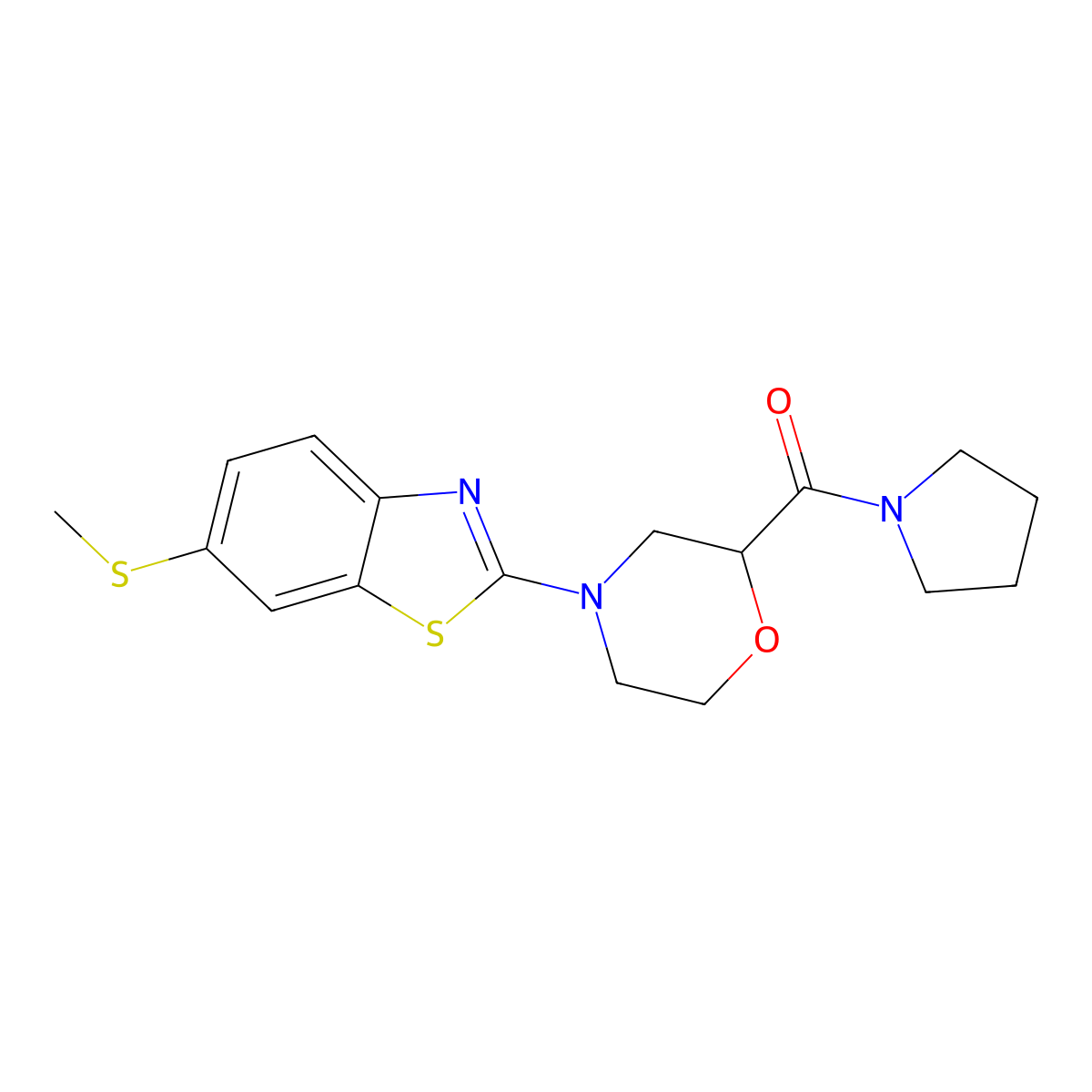 6-(Methylsulfanyl)-2-[2-(pyrrolidine-1-carbonyl)morpholin-4-yl]-1,3-benzothiazole molecular structure, CAS 2640835-94-3