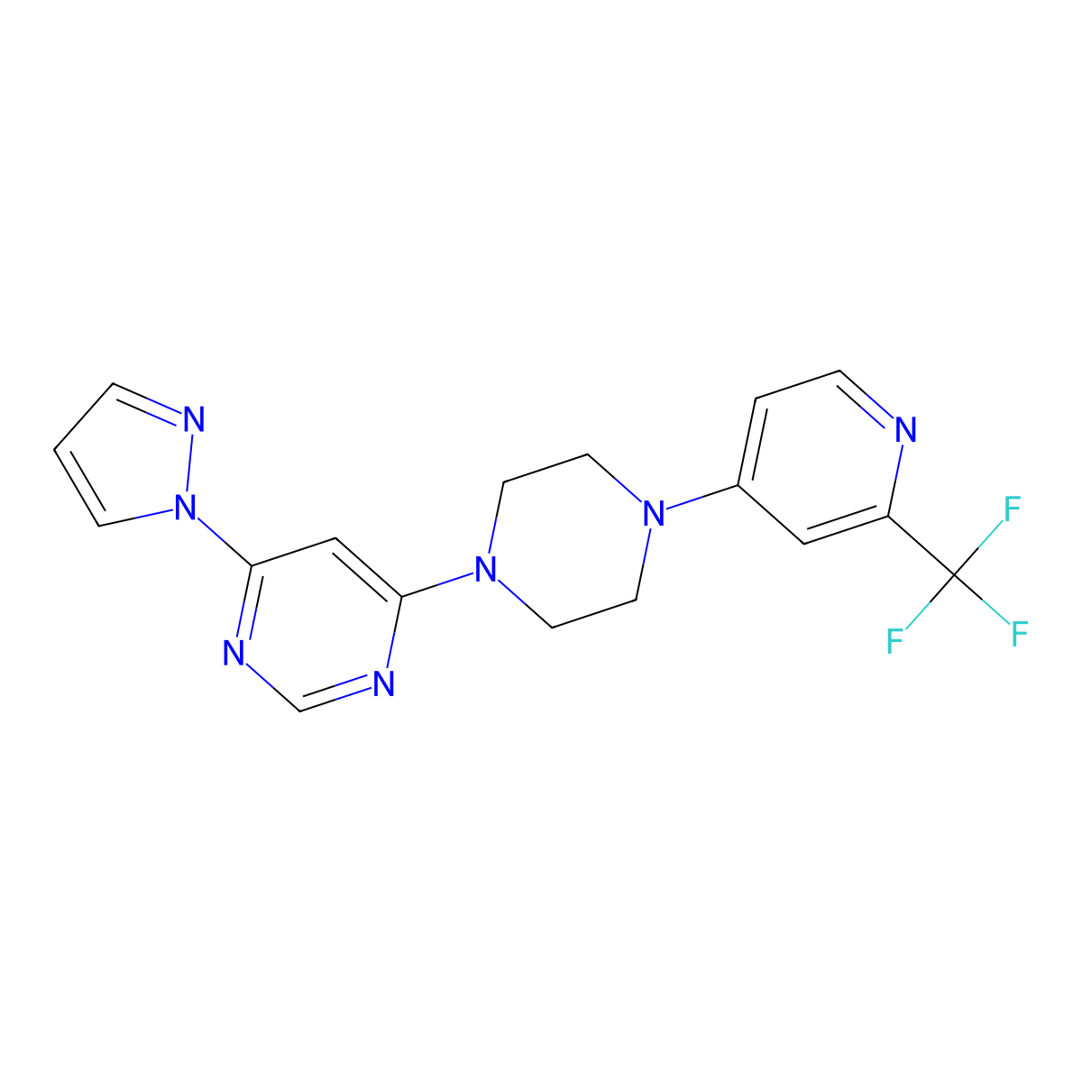 4-(1H-pyrazol-1-yl)-6-{4-[2-(trifluoromethyl)pyridin-4-yl]piperazin-1-yl}pyrimidine molecular structure, CAS 2640835-99-8