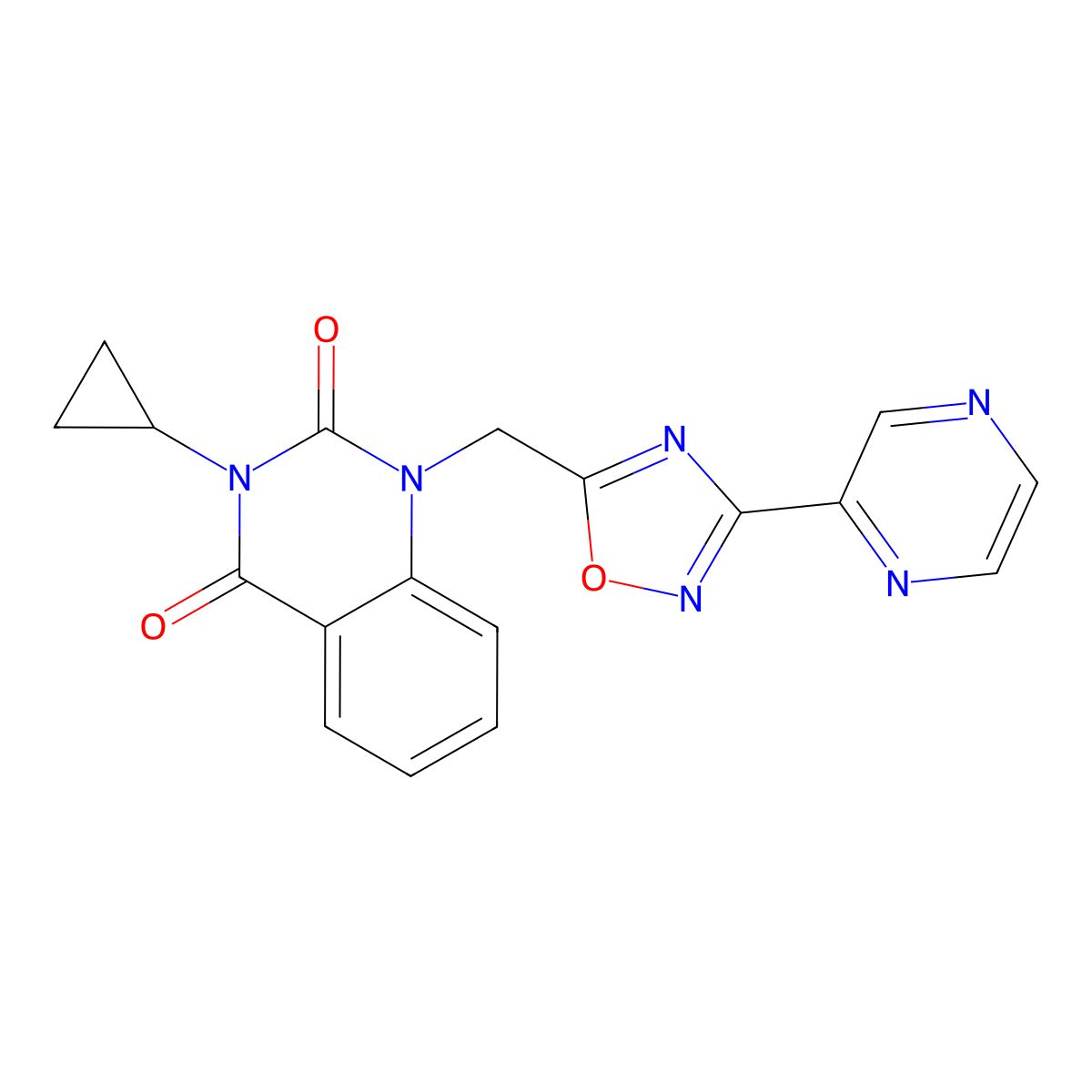 3-Cyclopropyl-1-{[3-(pyrazin-2-yl)-1,2,4-oxadiazol-5-yl]methyl}-1,2,3,4-tetrahydroquinazoline-2,4-dione molecular structure, CAS 2640836-01-5