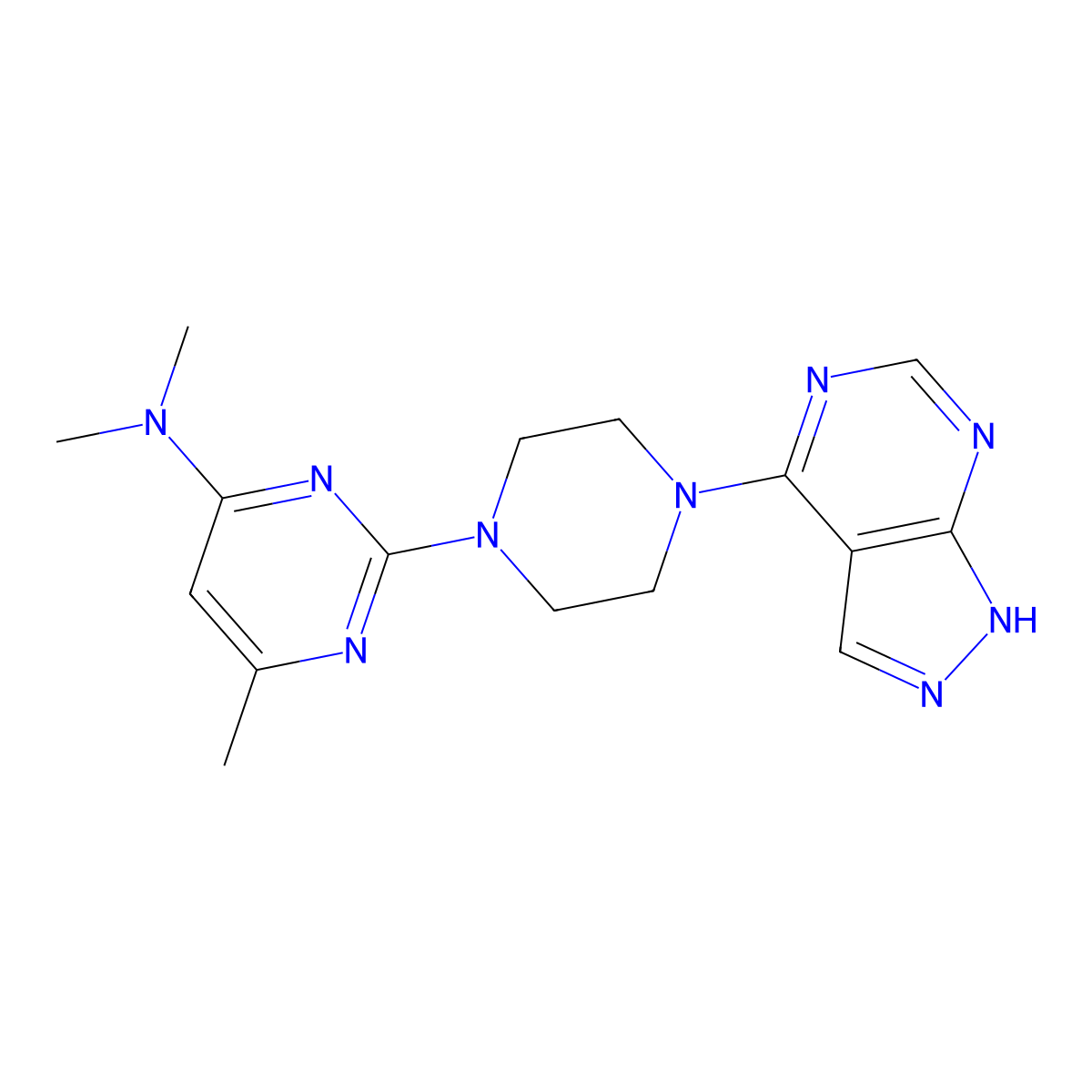 N,N,6-trimethyl-2-(4-{1H-pyrazolo[3,4-d]pyrimidin-4-yl}piperazin-1-yl)pyrimidin-4-amine molecular structure, CAS 2640836-10-6