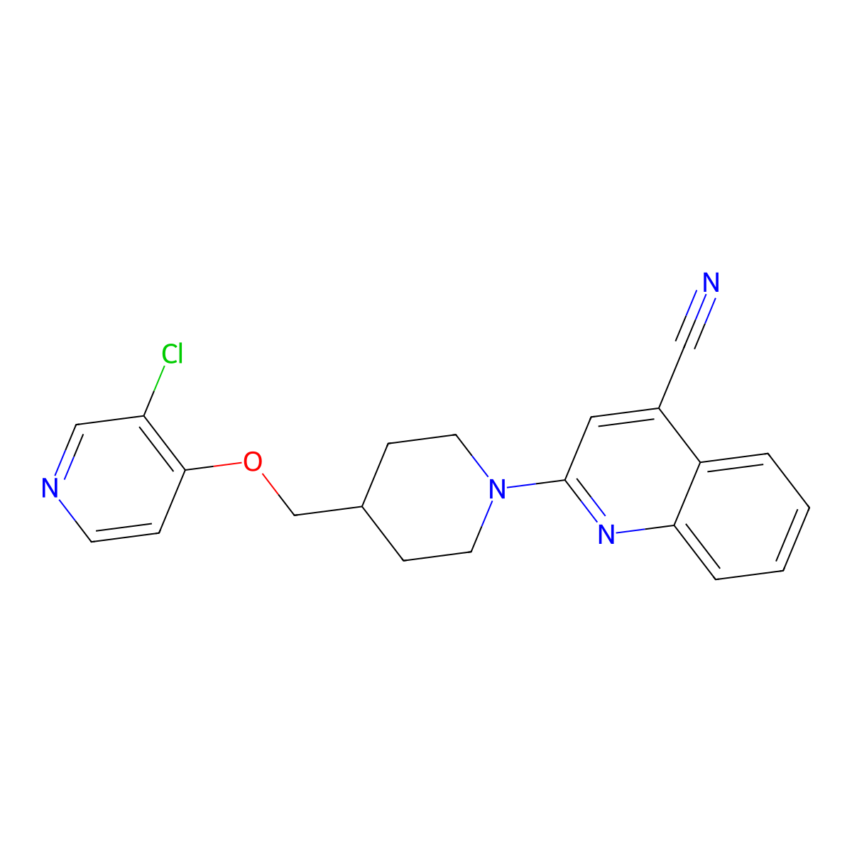 2-(4-{[(3-Chloropyridin-4-yl)oxy]methyl}piperidin-1-yl)quinoline-4-carbonitrile molecular structure, CAS 2640836-11-7