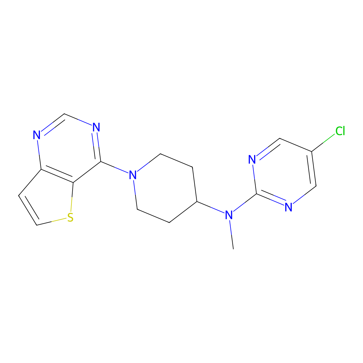 5-chloro-N-methyl-N-(1-{thieno[3,2-d]pyrimidin-4-yl}piperidin-4-yl)pyrimidin-2-amine molecular structure, CAS 2640836-12-8