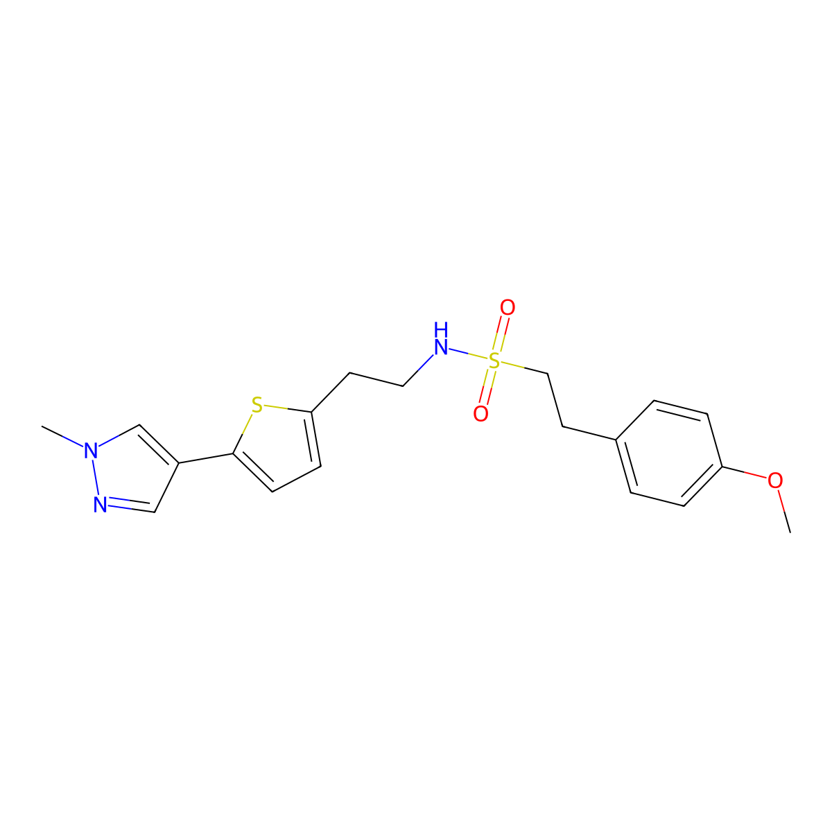 2-(4-methoxyphenyl)-N-{2-[5-(1-methyl-1H-pyrazol-4-yl)thiophen-2-yl]ethyl}ethane-1-sulfonamide molecular structure, CAS 2640836-17-3