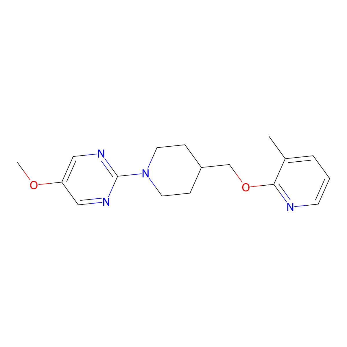 5-Methoxy-2-(4-{[(3-methylpyridin-2-yl)oxy]methyl}piperidin-1-yl)pyrimidine molecular structure, CAS 2640836-20-8