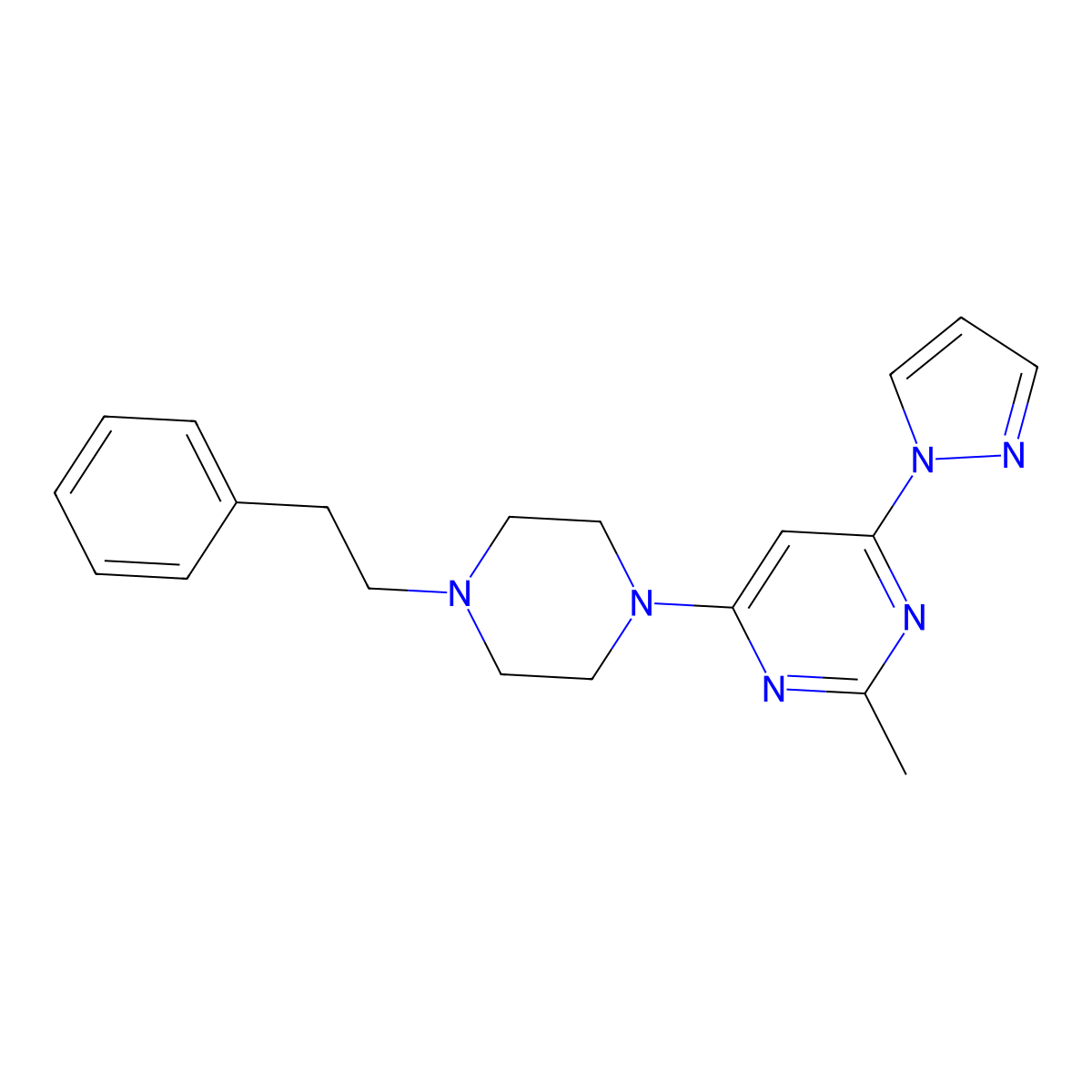 2-methyl-4-[4-(2-phenylethyl)piperazin-1-yl]-6-(1H-pyrazol-1-yl)pyrimidine molecular structure, CAS 2640836-22-0