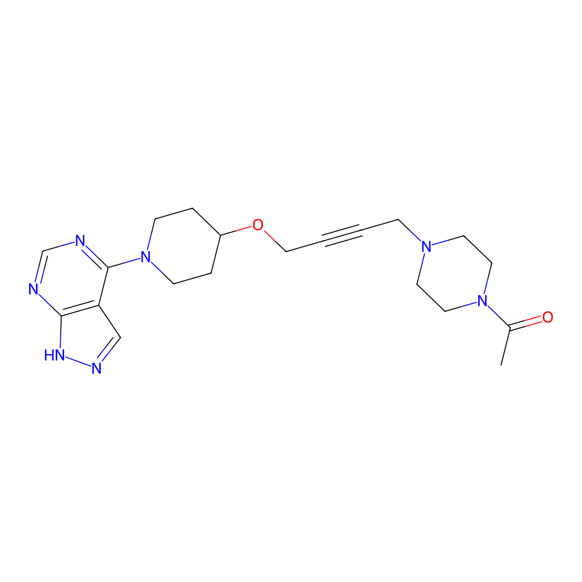 1-(4-{4-[(1-{1H-pyrazolo[3,4-d]pyrimidin-4-yl}piperidin-4-yl)oxy]but-2-yn-1-yl}piperazin-1-yl)ethan-1-one molecular structure, CAS 2640836-40-2