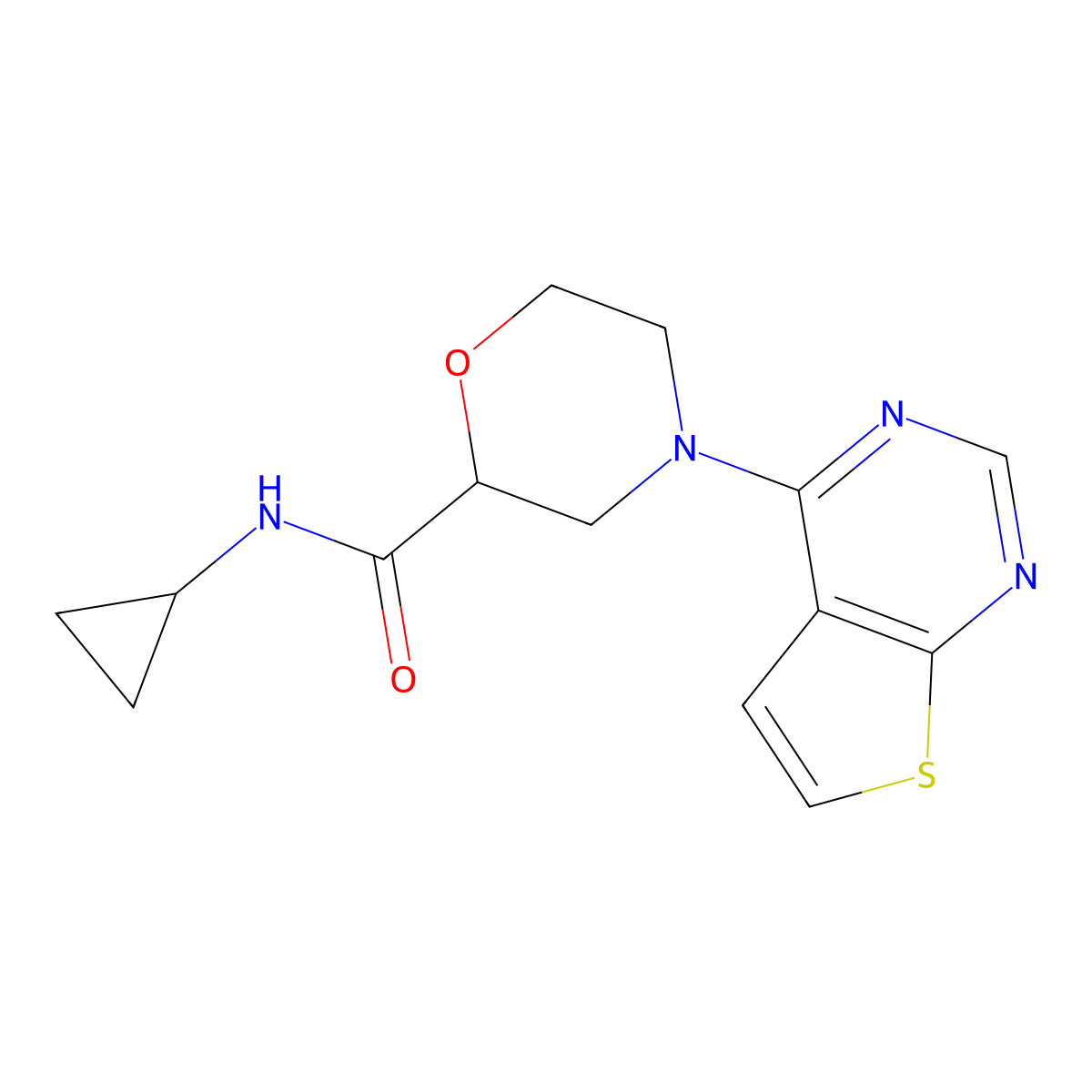 N-cyclopropyl-4-{thieno[2,3-d]pyrimidin-4-yl}morpholine-2-carboxamide molecular structure, CAS 2640836-45-7