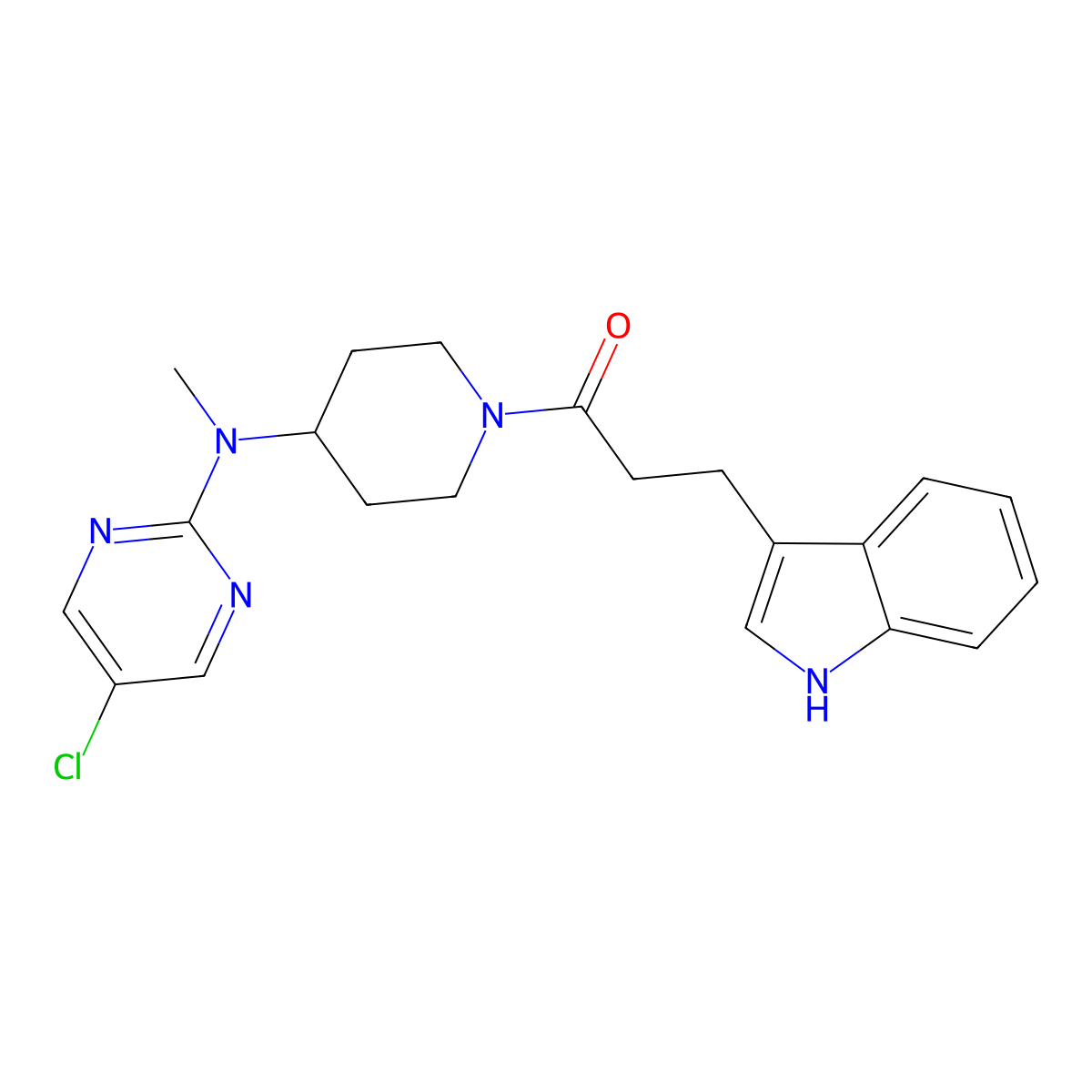 1-{4-[(5-chloropyrimidin-2-yl)(methyl)amino]piperidin-1-yl}-3-(1H-indol-3-yl)propan-1-one molecular structure, CAS 2640836-48-0