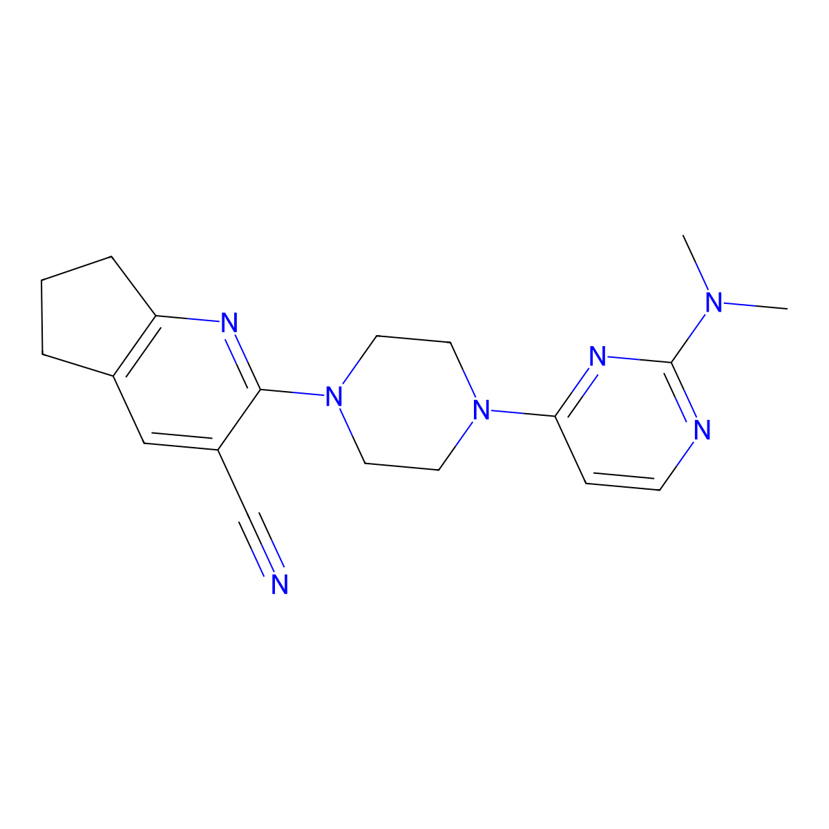 2-{4-[2-(dimethylamino)pyrimidin-4-yl]piperazin-1-yl}-5H,6H,7H-cyclopenta[b]pyridine-3-carbonitrile molecular structure, CAS 2640836-54-8