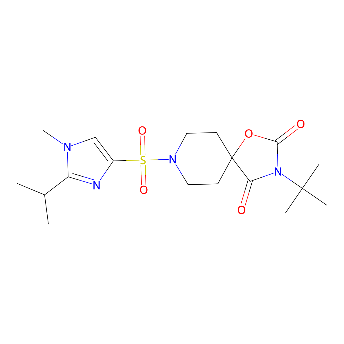 3-tert-butyl-8-{[1-methyl-2-(propan-2-yl)-1H-imidazol-4-yl]sulfonyl}-1-oxa-3,8-diazaspiro[4.5]decane-2,4-dione molecular structure, CAS 2640836-57-1