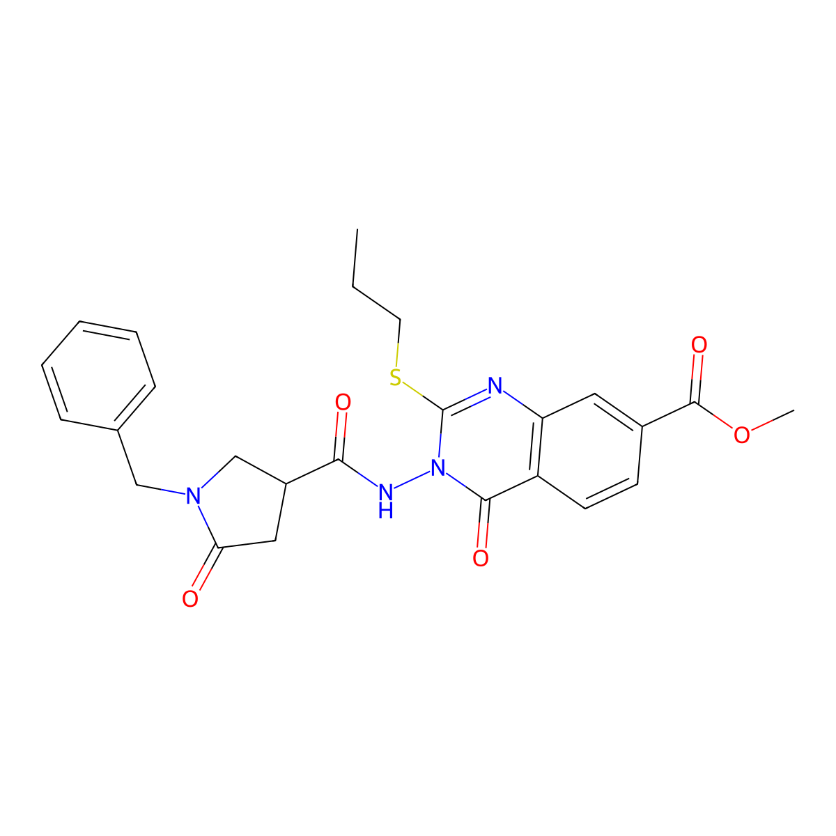 Methyl 3-(1-benzyl-5-oxopyrrolidine-3-amido)-4-oxo-2-(propylsulfanyl)-3,4-dihydroquinazoline-7-carboxylate molecular structure, CAS 2640836-58-2