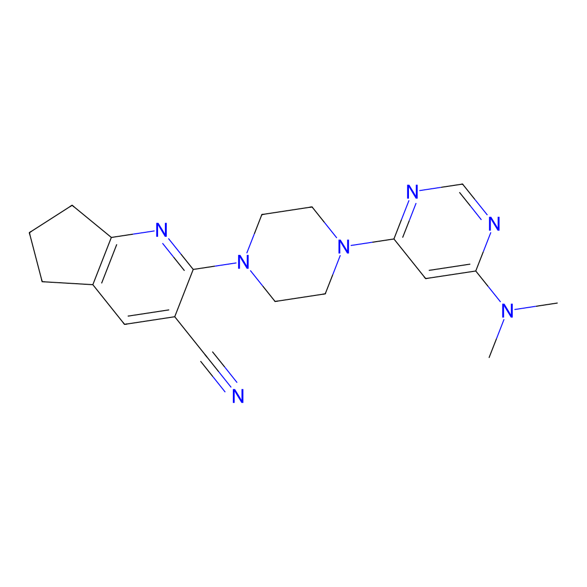 2-{4-[6-(dimethylamino)pyrimidin-4-yl]piperazin-1-yl}-5H,6H,7H-cyclopenta[b]pyridine-3-carbonitrile molecular structure, CAS 2640836-59-3