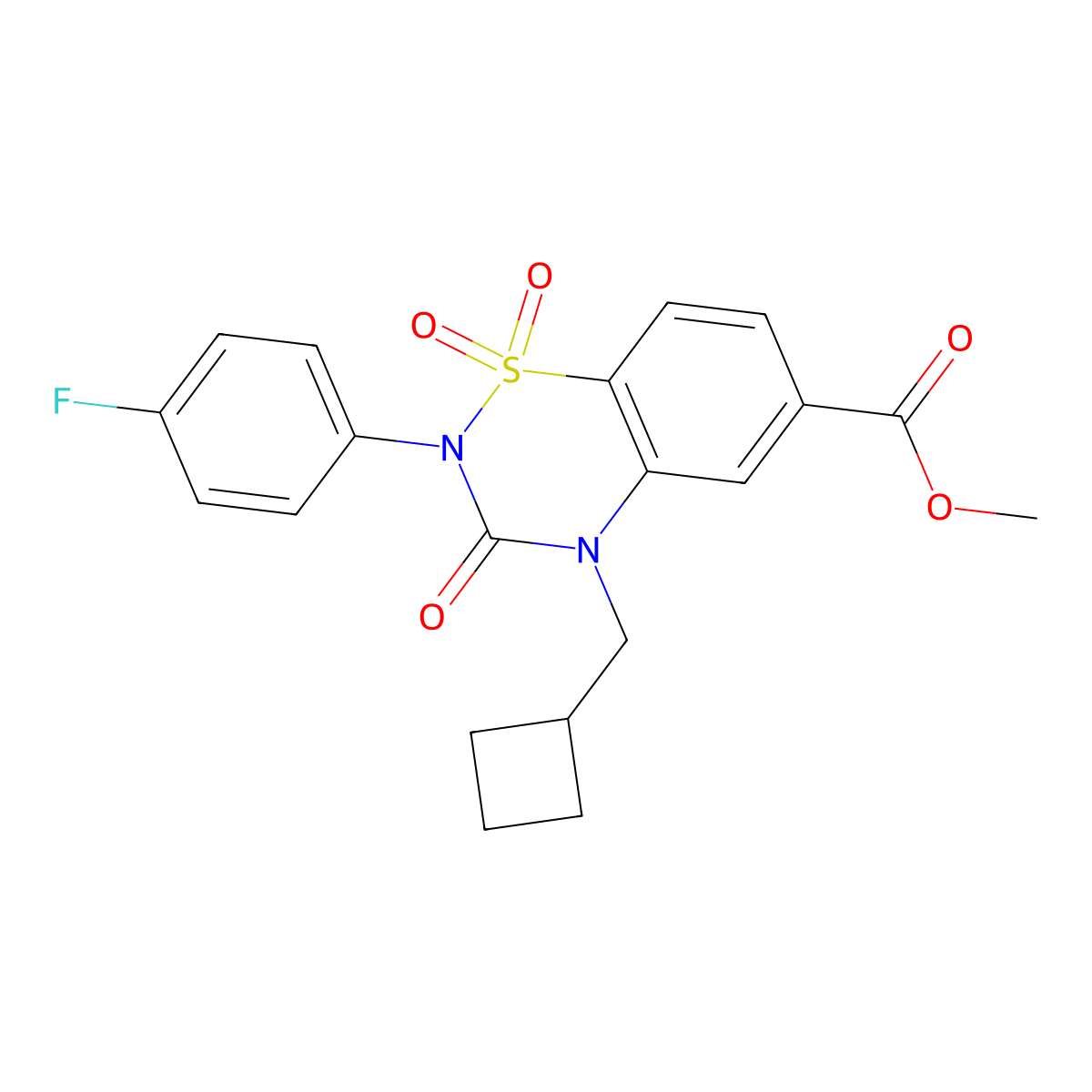 Methyl 4-(cyclobutylmethyl)-2-(4-fluorophenyl)-1,1,3-trioxo-1lambda6,2,4-benzothiadiazine-6-carboxylate molecular structure, CAS 2640836-60-6