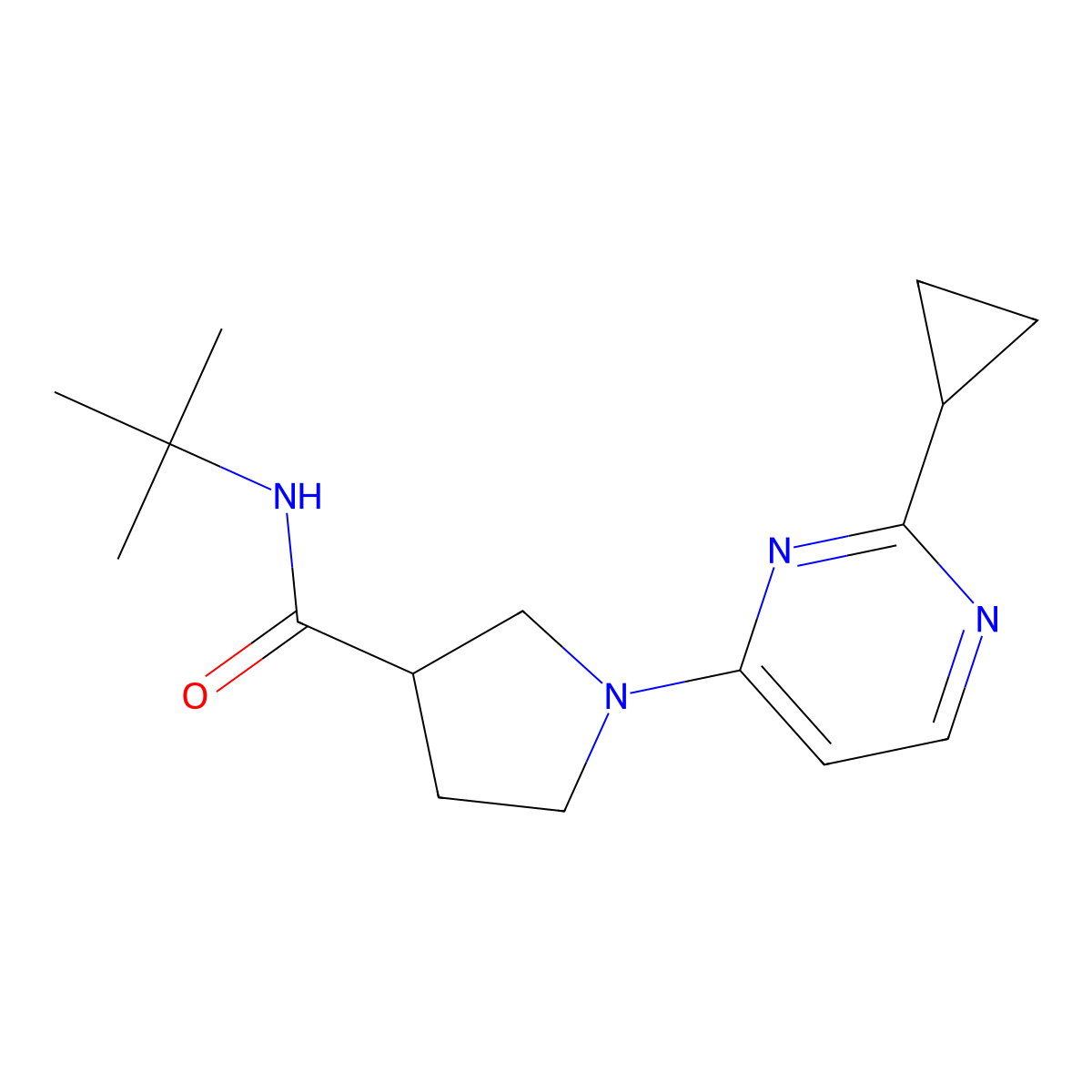 N-tert-butyl-1-(2-cyclopropylpyrimidin-4-yl)pyrrolidine-3-carboxamide molecular structure, CAS 2640836-62-8