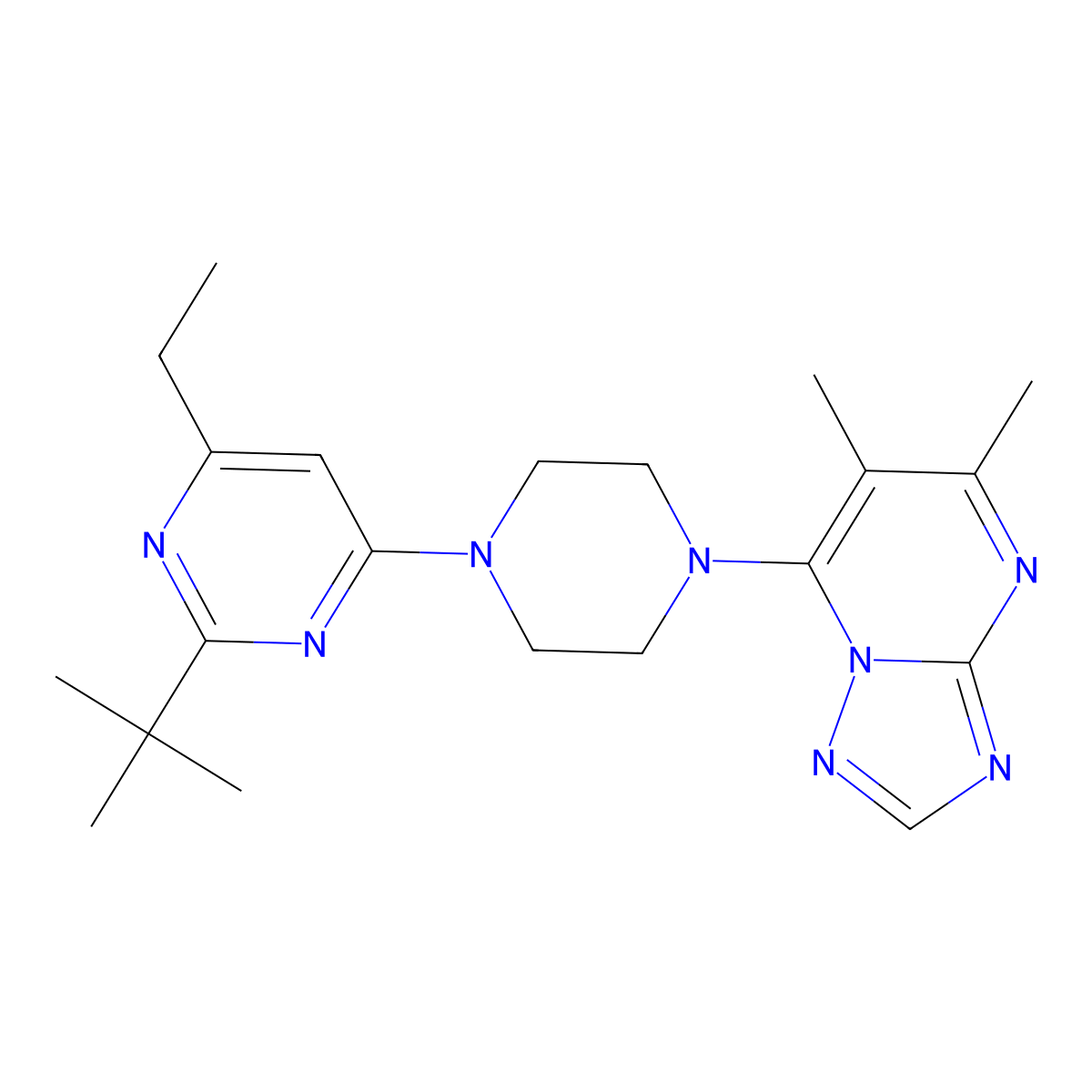 2-Tert-butyl-4-(4-{5,6-dimethyl-[1,2,4]triazolo[1,5-a]pyrimidin-7-yl}piperazin-1-yl)-6-ethylpyrimidine molecular structure, CAS 2640836-63-9