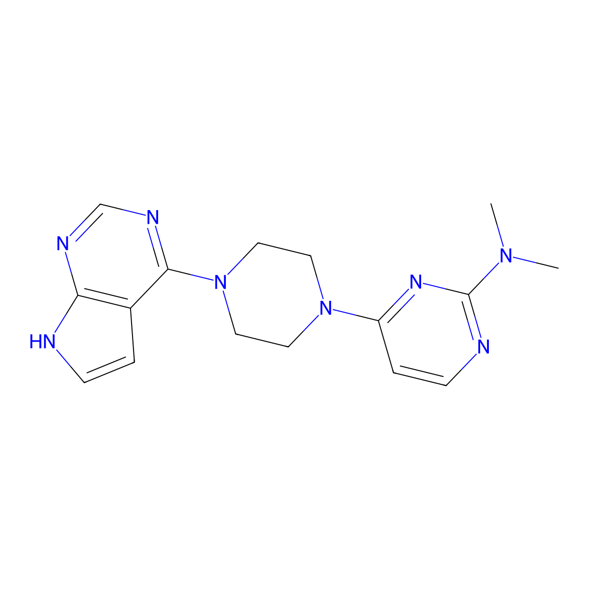 N,N-dimethyl-4-(4-{7H-pyrrolo[2,3-d]pyrimidin-4-yl}piperazin-1-yl)pyrimidin-2-amine molecular structure, CAS 2640836-65-1