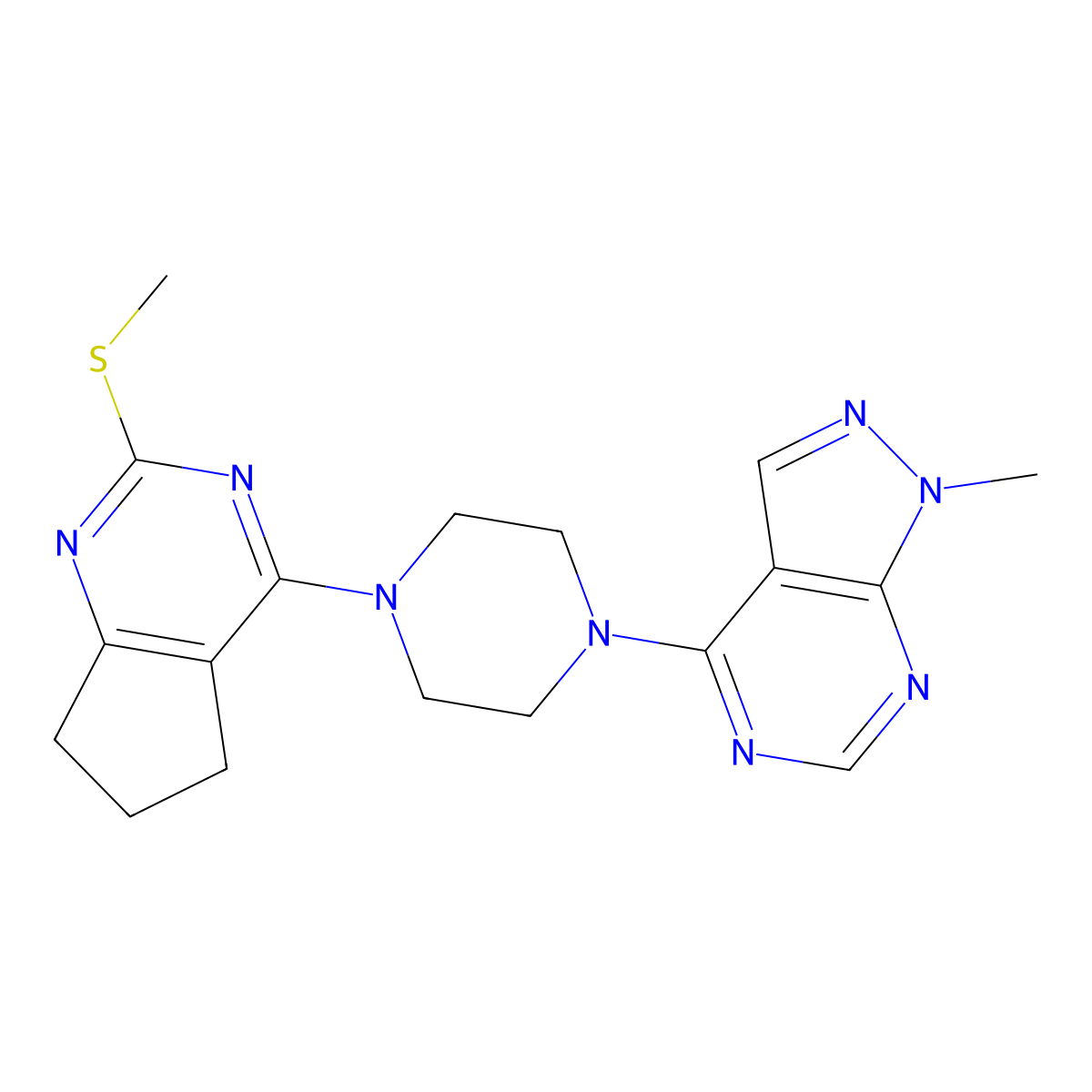 1-{1-methyl-1H-pyrazolo[3,4-d]pyrimidin-4-yl}-4-[2-(methylsulfanyl)-5H,6H,7H-cyclopenta[d]pyrimidin-4-yl]piperazine molecular structure, CAS 2640836-67-3
