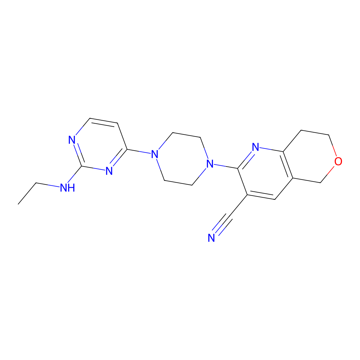 2-{4-[2-(ethylamino)pyrimidin-4-yl]piperazin-1-yl}-5H,7H,8H-pyrano[4,3-b]pyridine-3-carbonitrile molecular structure, CAS 2640836-73-1