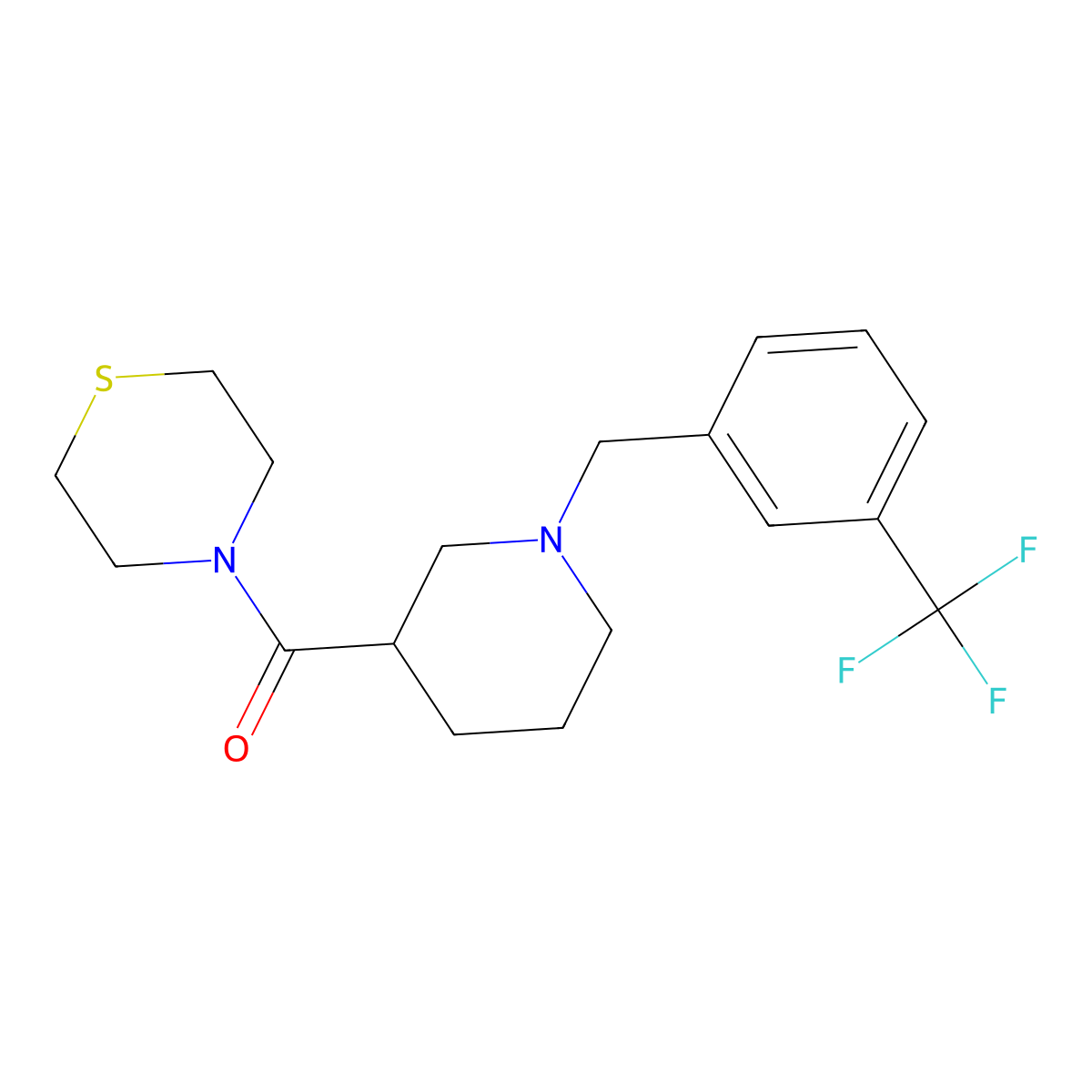 4-(1-{[3-(Trifluoromethyl)phenyl]methyl}piperidine-3-carbonyl)thiomorpholine molecular structure, CAS 2640836-74-2