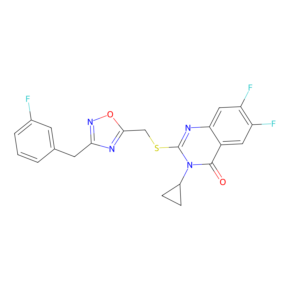 3-Cyclopropyl-6,7-difluoro-2-[({3-[(3-fluorophenyl)methyl]-1,2,4-oxadiazol-5-yl}methyl)sulfanyl]-3,4-dihydroquinazolin-4-one molecular structure, CAS 2640842-09-5